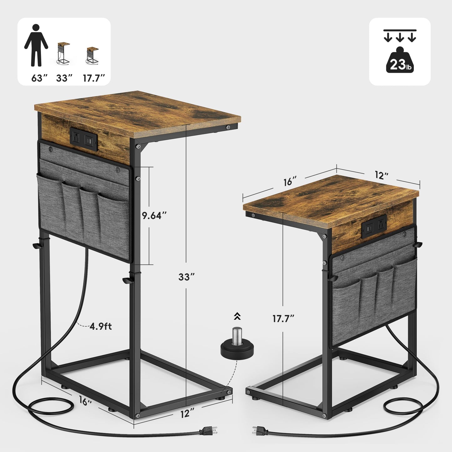 Vagusicc C Shaped End Table with Charging Station, 33" Tall Side Table for Couch, C Table End Table Adjustable Height Side Table TV Tray, Slide Under Sofa Couch Table for Living Room, Bedroom, Brown