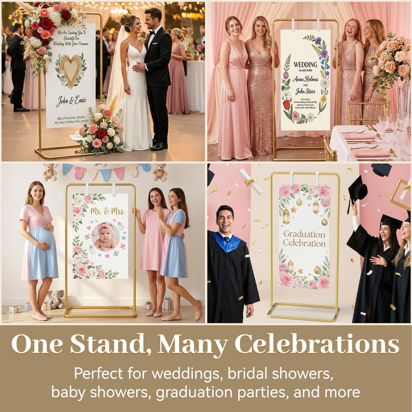 ReePlan Wedding Welcome Sign Stand 68 x 31 x 20 Inch Adjustable Wedding Sign Holder with 8 Leather and Water Bags Heavy Duty Easel for Poster, Baby Bridal Shower, Bridal Shower, Seating Chart, Gold