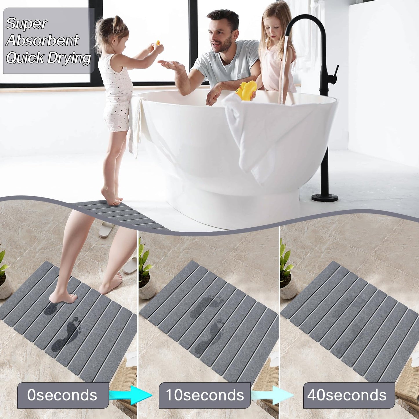 Setguopal 2 Pack Foldable Stone Bath Mats, Gray Super Absorbent Diatomaceous Earth Bath Rug, Non-Slip Shower Mat, Quick-Drying Bath Rug and Drying Mat for Tub and Shower