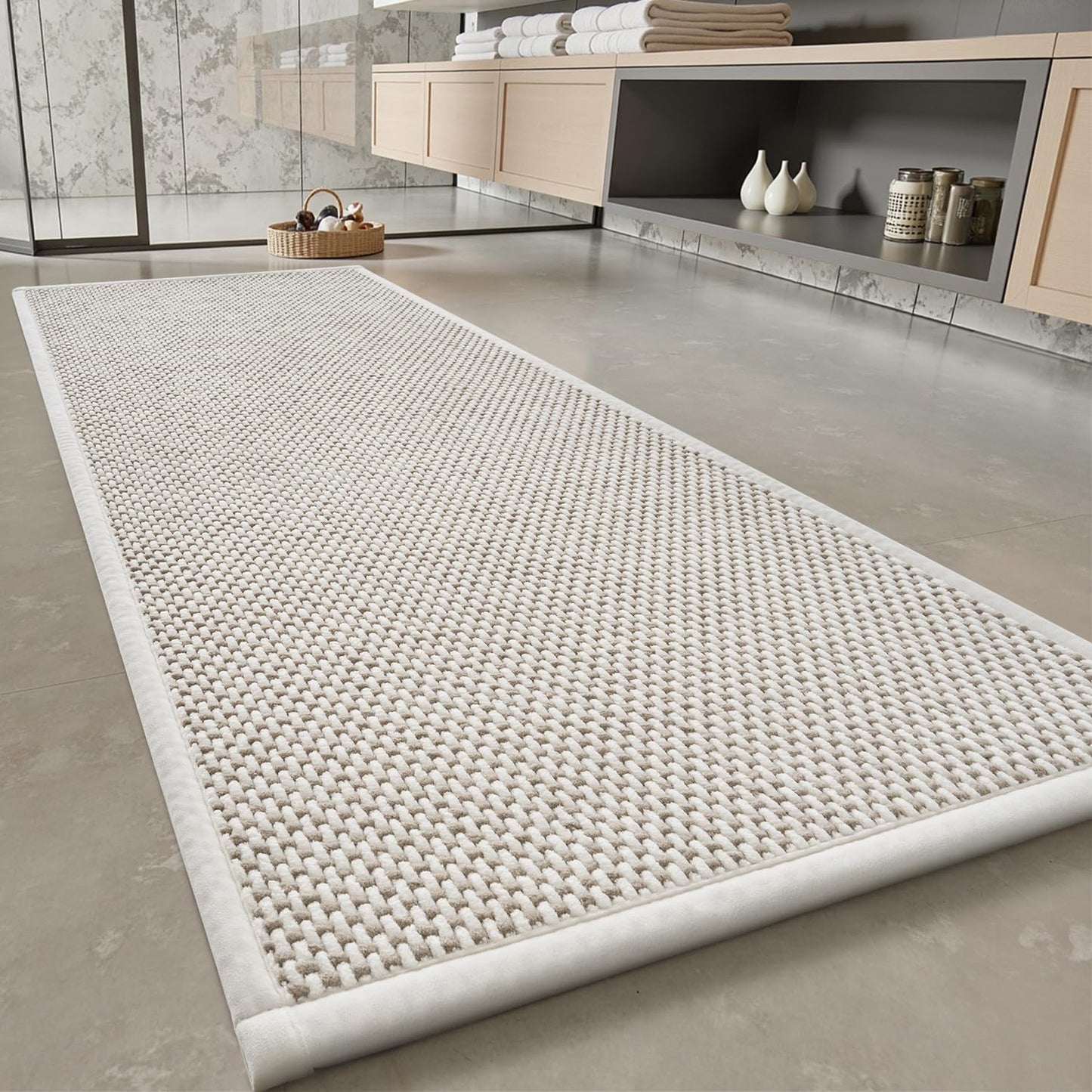 PADOOR-Bath Mat Runner-Super Absorbent Chenille Bathroom Mats-Rubber Backed Bath Mats for Bathroom Non Slip, Easy Clean Bathroom Runner Rugs Front of Bathtub,Shower Room,Sink-24×48, Beige&Cream