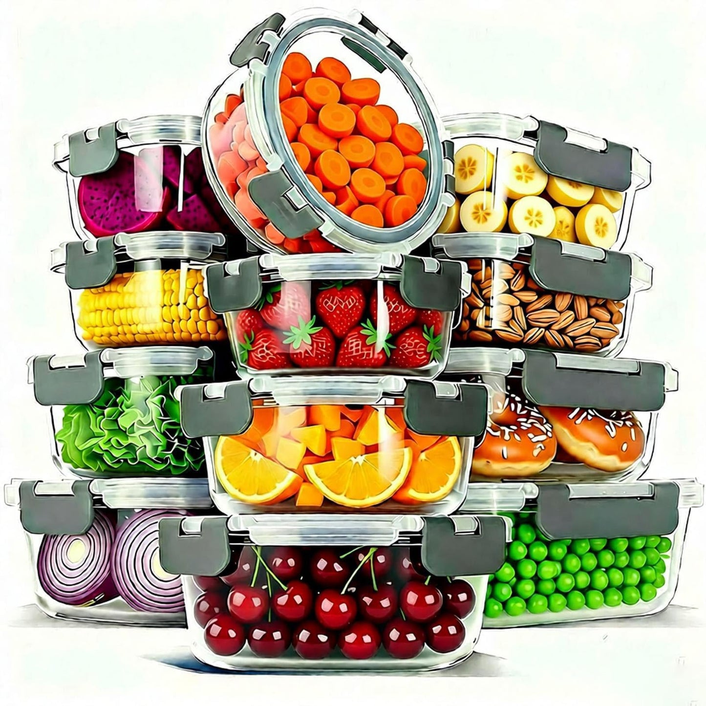 Bestfull 12 Pack Glass Food Storage Container Set with Lids Non Toxic, Stackable Borosilicate Glass Meal Prep Containers, Microwave, Oven, Freezer and Dishwasher Safe (Gray)