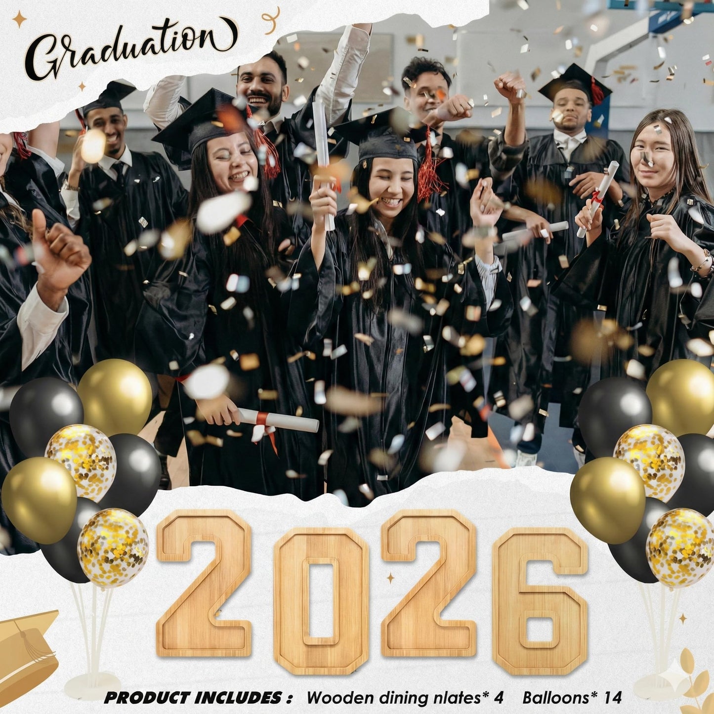 Nsoyos 4PCS Wooden Graduation Decorations Number Charcuterie Board Box-(with 14 Balloons) 2026 Charcuterie Numbers Fillable Food Graduation Party Supplies