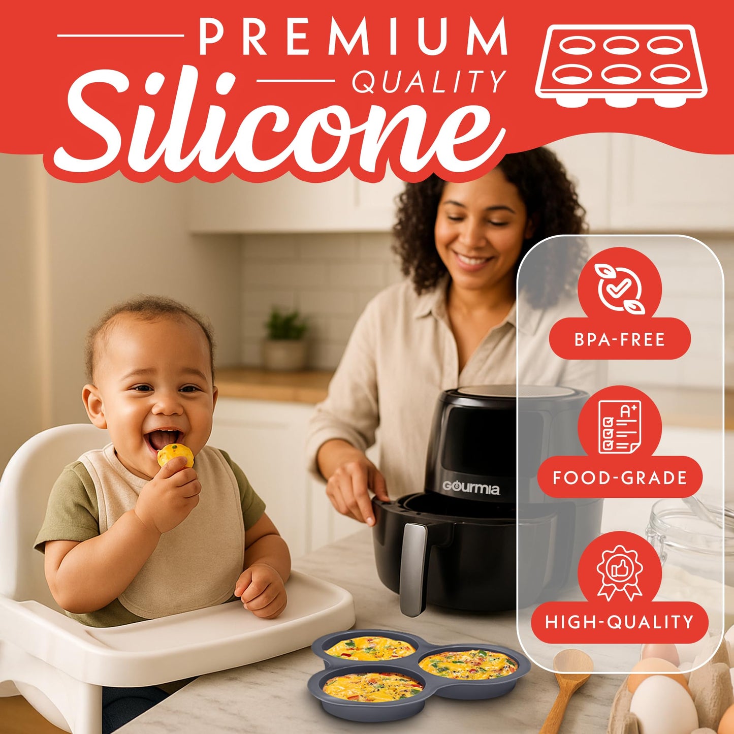 Gourmia Air Fryer Accessories Set - 3 Piece Silicone, Liner, Egg Bite Cooker, 7-Hole Cupcake Mold, BPA-Free, Nonstick, Heat Resistant 445°F, Dishwasher Safe, Food Grade