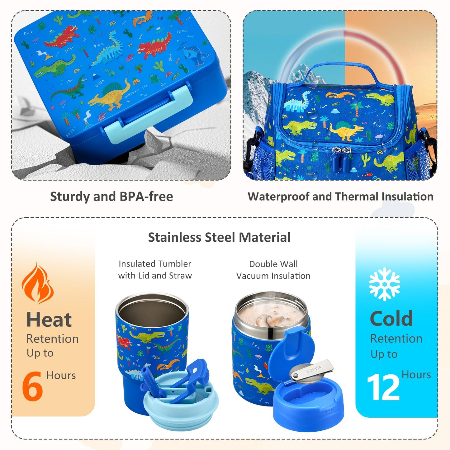 Pawtong Lunch Box Set with Bento Box Container, 17OZ Stainless Steel Food Soup Thermo, Kids Water Bottle & Portable Insulated Lunch Bag, Leakproof, Hot/Cold Retention for School, Travel (Dinasour)