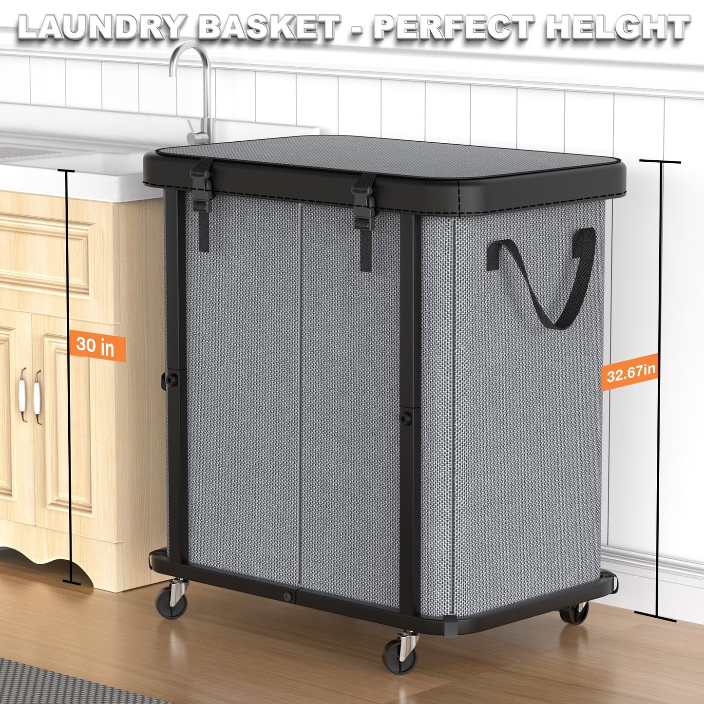 190L (50 Gal) Large Fashion Laundry Basket with Wheels, Leather Patchwork Rolling Hamper Carts, Sturdy Metal Frame, Removable Washable Bag, Tall Clothes Sorter for Bedroom - 2 Setion Gray