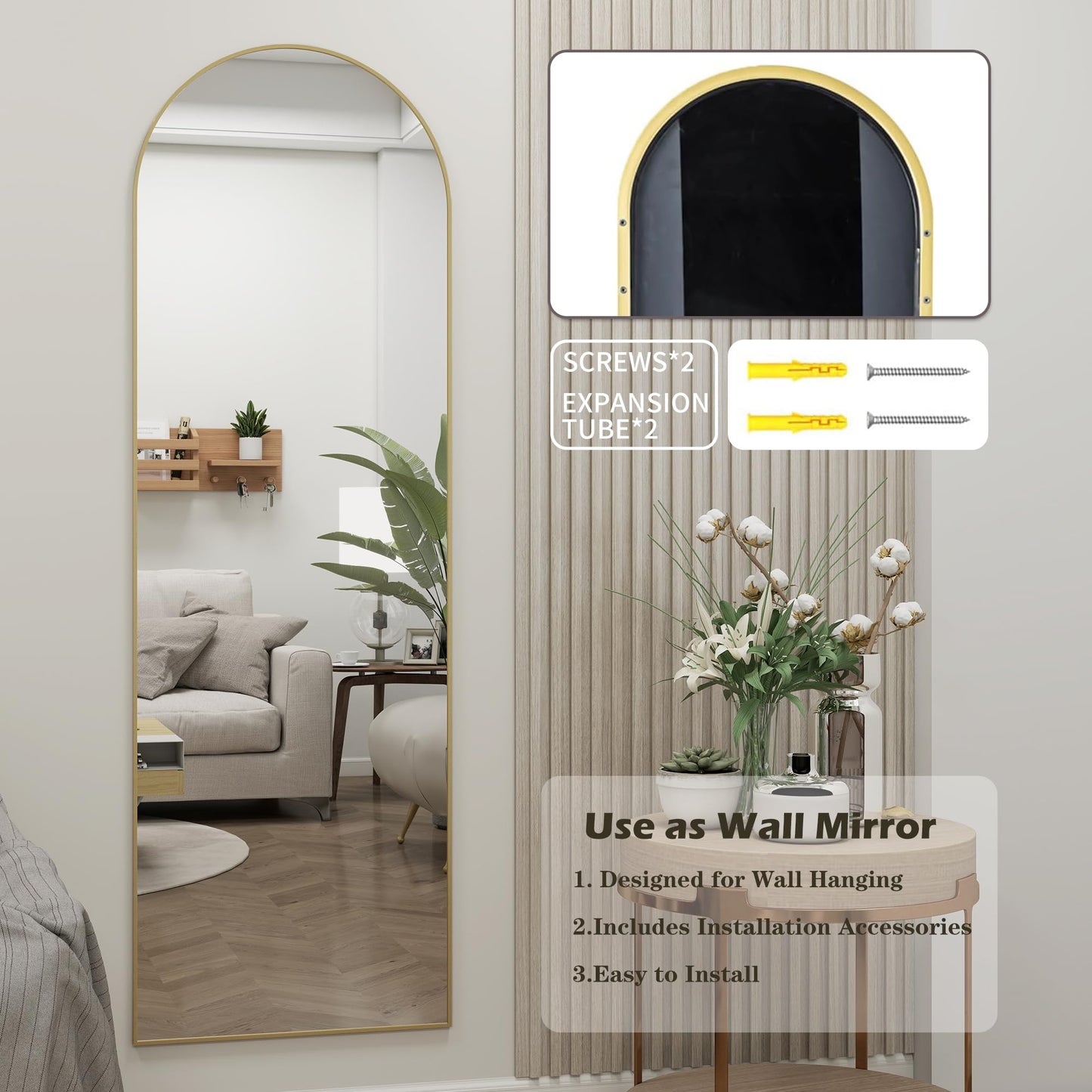 JAWGLOW Arched Full Length Door Mirror 14x48, Metal Frame with Protective Film, No-Drilling Hanging or Wall Mount, Hooks & Hardware Included, Full Body Mirror for Bedroom, Dorm, Gold