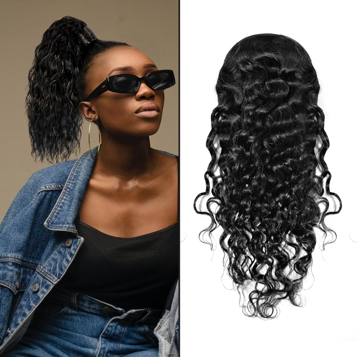 100% Human Hair Curly Drawstring Ponytail extension Water Wave, 12 inch 1B Natural Black Color, Afro Ponytail Brazilian Kinky Real Hair Ponytail Extensions For Black Women