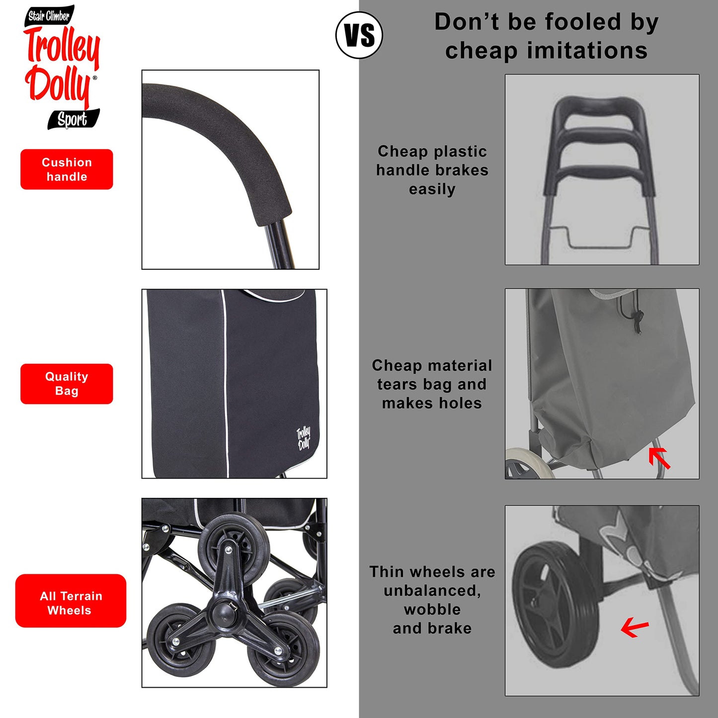 dbest Products Trolley Dolly Sport Stair Climber – Foldable Grocery Cart on Wheels – Multi Use Rolling Cart with Removable Bag, Hand Truck Dolly Function, and Stair Climbing Wheels, Black