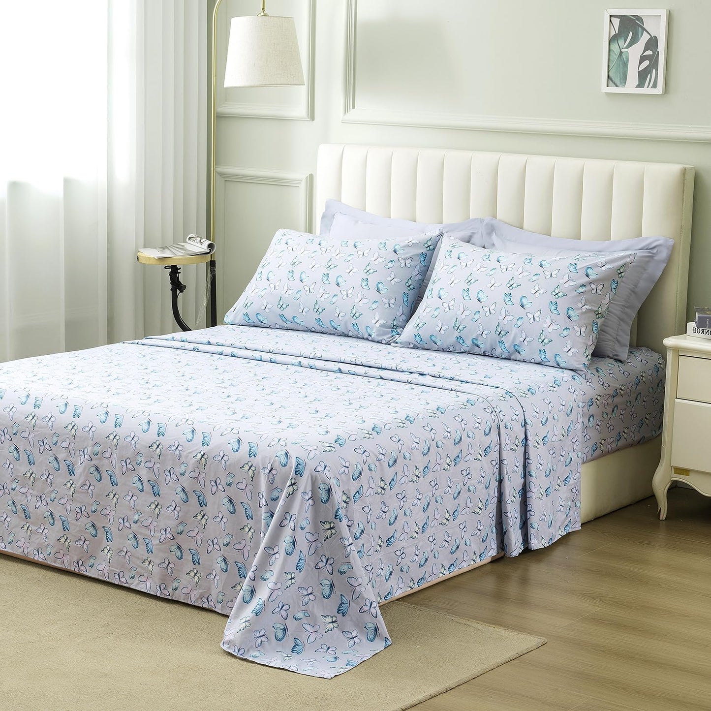 ARTALL Queen Bed in a Bag 7 Pieces, Light Gray Solid Comforter with Cute Colorful Butterfly Sheet Set, Soft Reversible Bedding Sets with Comforter, Sheets, Pillowcases & Shams for All Seasons