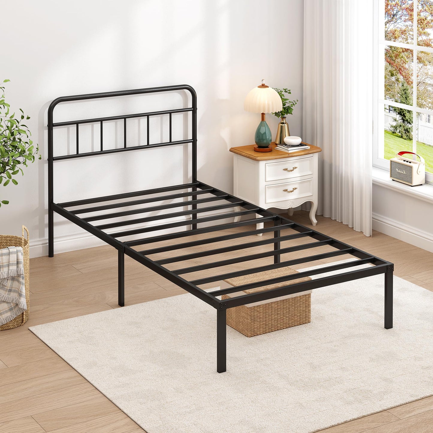 Ziguxiao Twin Bed Frame with Classic Headboard,Strong Metal Slats Support,Under Bed Storage Space,No Box Spring Needed,Easy to Assemble,Black