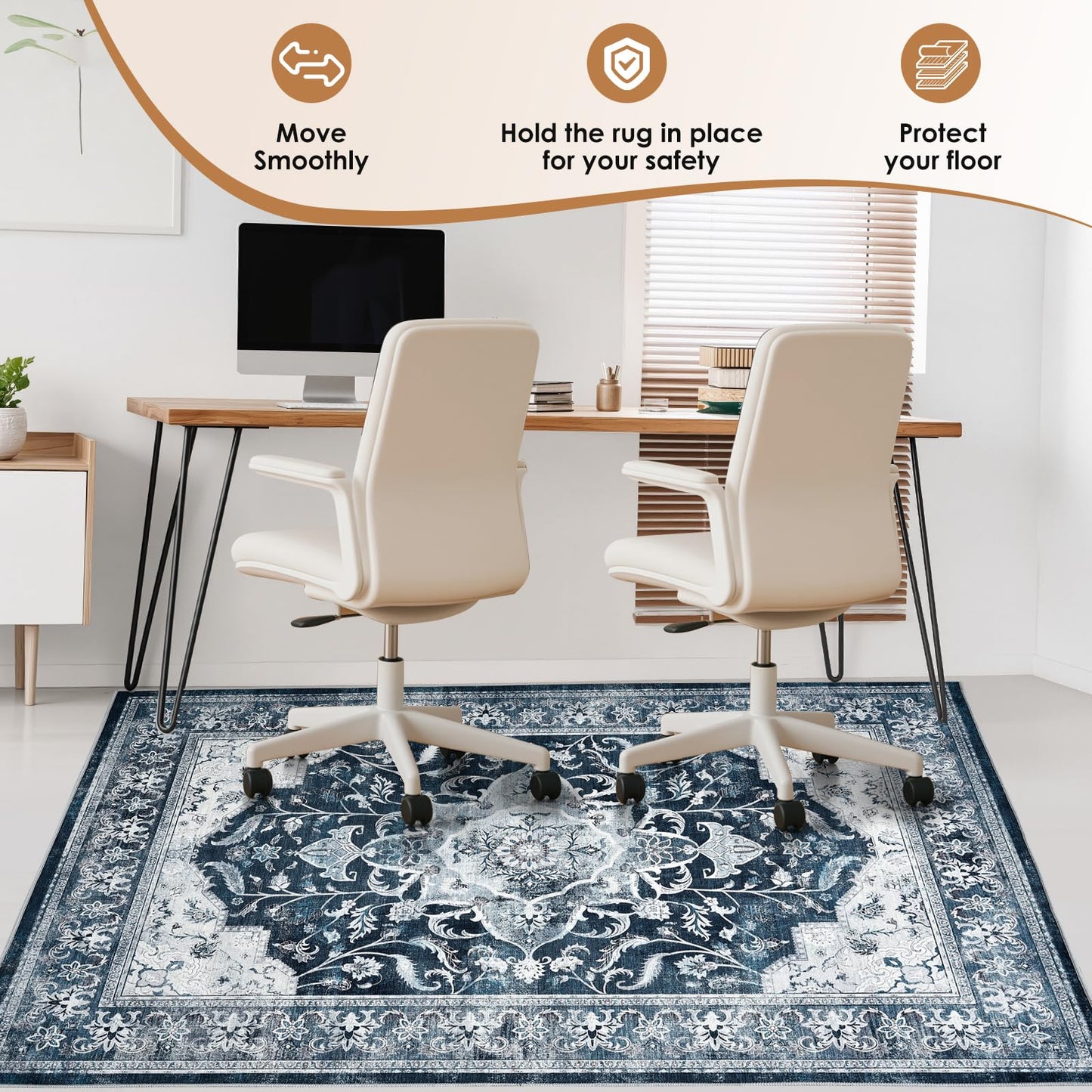 Office Chair Mat for Hardwood Tile Floor, 48"x60"Anti-Slip Under Desk Carpet Protector for Rolling Computer Chair Mat, Machine Washable Office Area Carpet (Chenille,Blue)