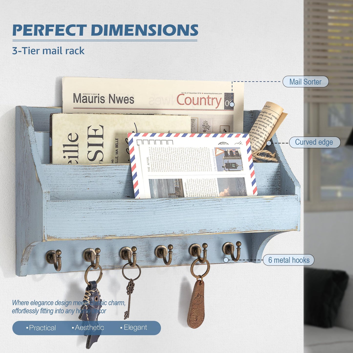 Rebee Vision Pine Wood Key Holder Wall Mount - Farmhouse 3-Tire Mail Holder with 6 Key Hooks for Home Decor- Multifunctional Wall Organizer for Entreyway, Living Room (Blue)