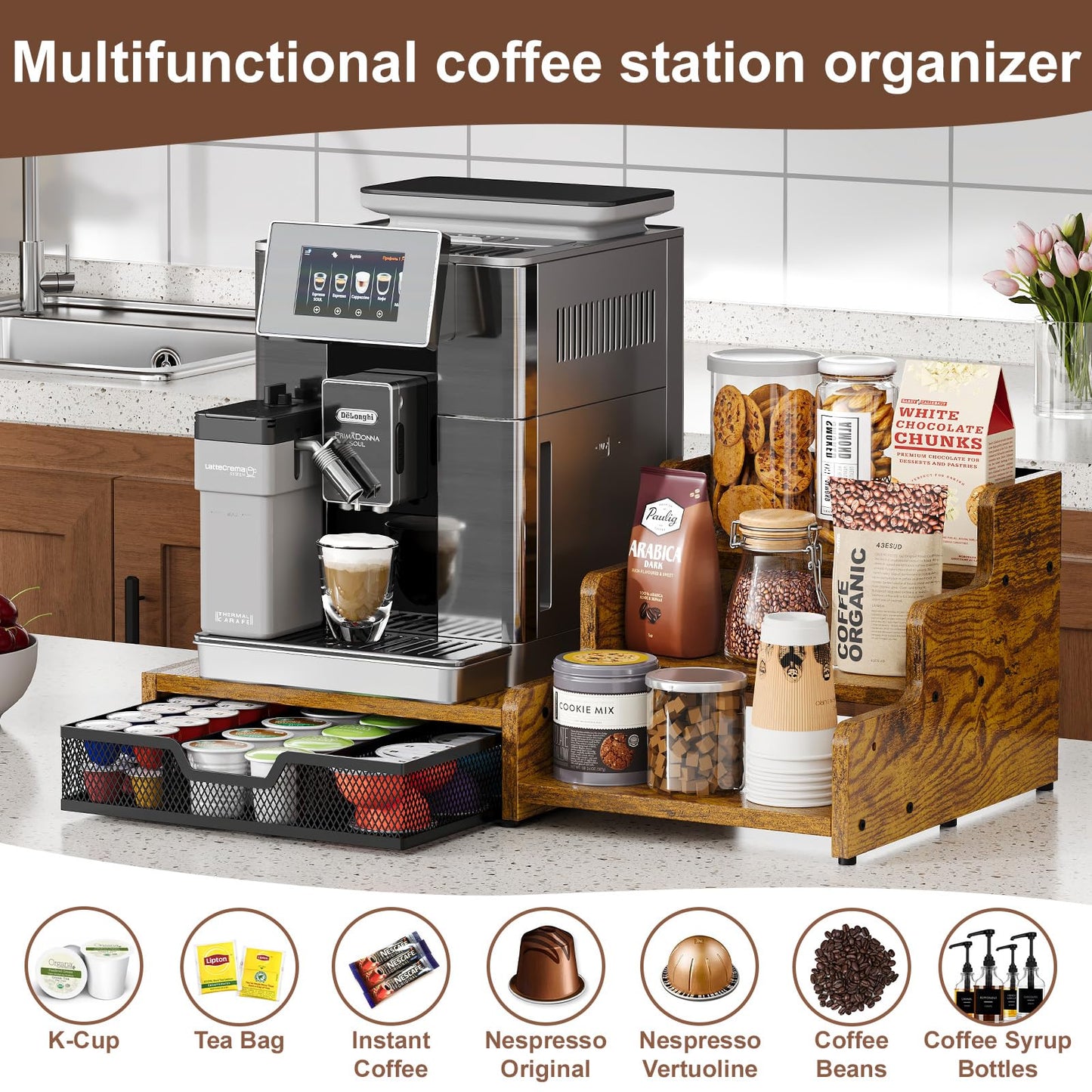 Bliesosfud Coffee Station Organizer with K Cup Holder, 28 Pod Capacity,3-Tier Syrup Rack with Coffee Pod Holder Drawer, Coffee Bar organizer Countertop for Accessories,Rustic Brown