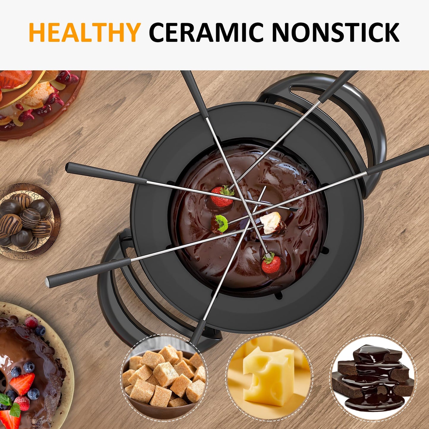 Sunvivi 3 Quart Electric Fondue Pot Set for Melting Chocolate Cheese with Adjustable Temperature Control and 8 Color-Coded Forks, 1000W Non-Stick Fondue Maker for Dessert, Oil and Broth