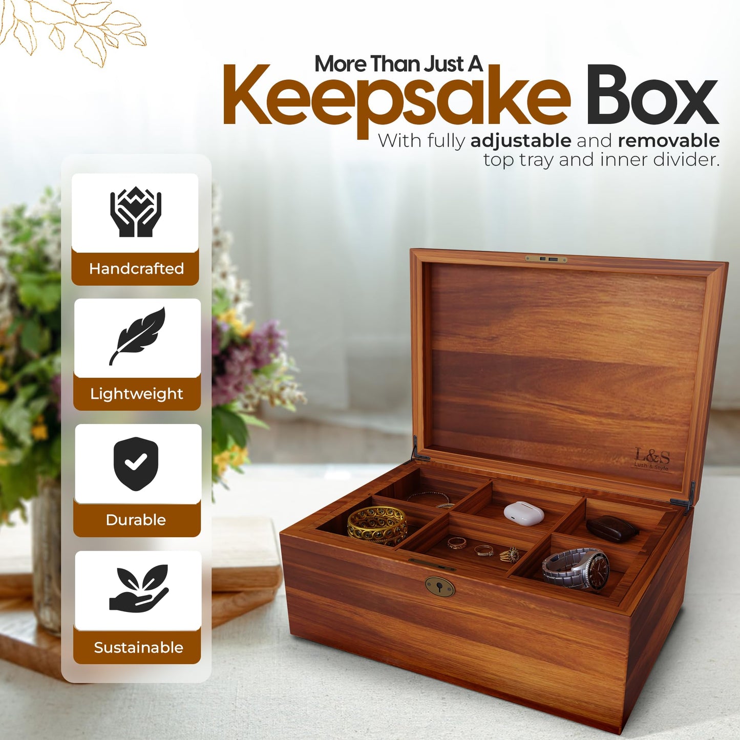 LUSH & STYLE Acacia Wooden Box, Keepsake With Hinged lid and locking keys, Decorative, Memory, Wooden Storage Boxes, Customizable With Adjustable Tray,keepsake trunk (Divider Model) Large 11x9x5 Inch
