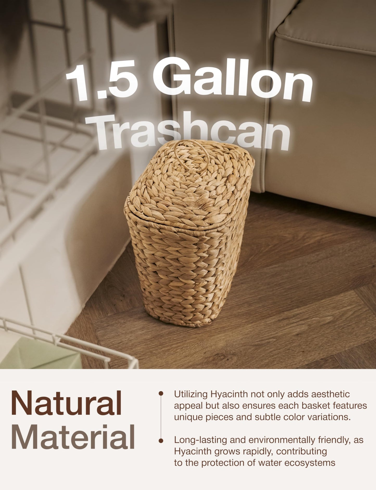 Tidita 1.5 Gallons Wicker Waste Basket with Lid - Large Wicker Trash Can for Office - Waste Basket for Bedroom, Bathroom, Kitchen, Living Room - Boho Handwoven Trash Cans for Garbage (1.5 Gallons)