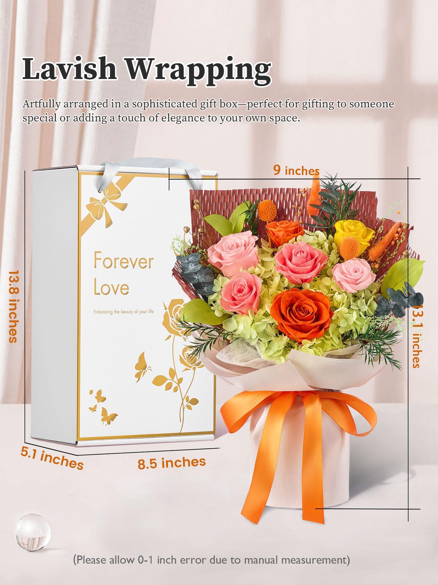 Flomoon Forever Flowers Gifts for Mom, Mothers Day Preserved Flowers Bouquet Birthday Gifts for Women, Preserved Roses for Grandma Wife Anniversary Valentines Day Christmas (7Roses, Orange)