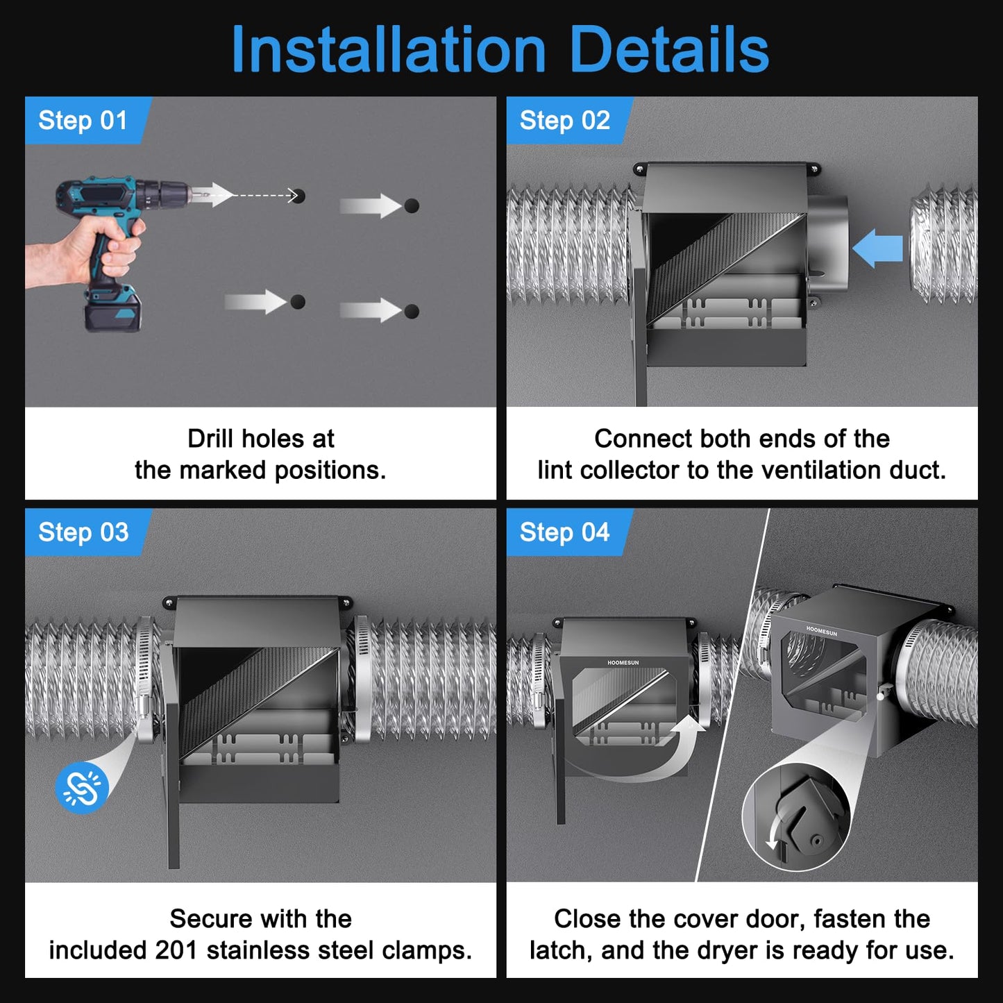 HOOMESUN Upgrade Indoor Dryer Duct Lint Trap Kit, Dryer Lint Catcher with Stainless Steel Mesh & 4in - 8FT Dryer Vent Hose, Water Drawer, Secondary Lint Trap for Gas or Electric Clothes Dryers