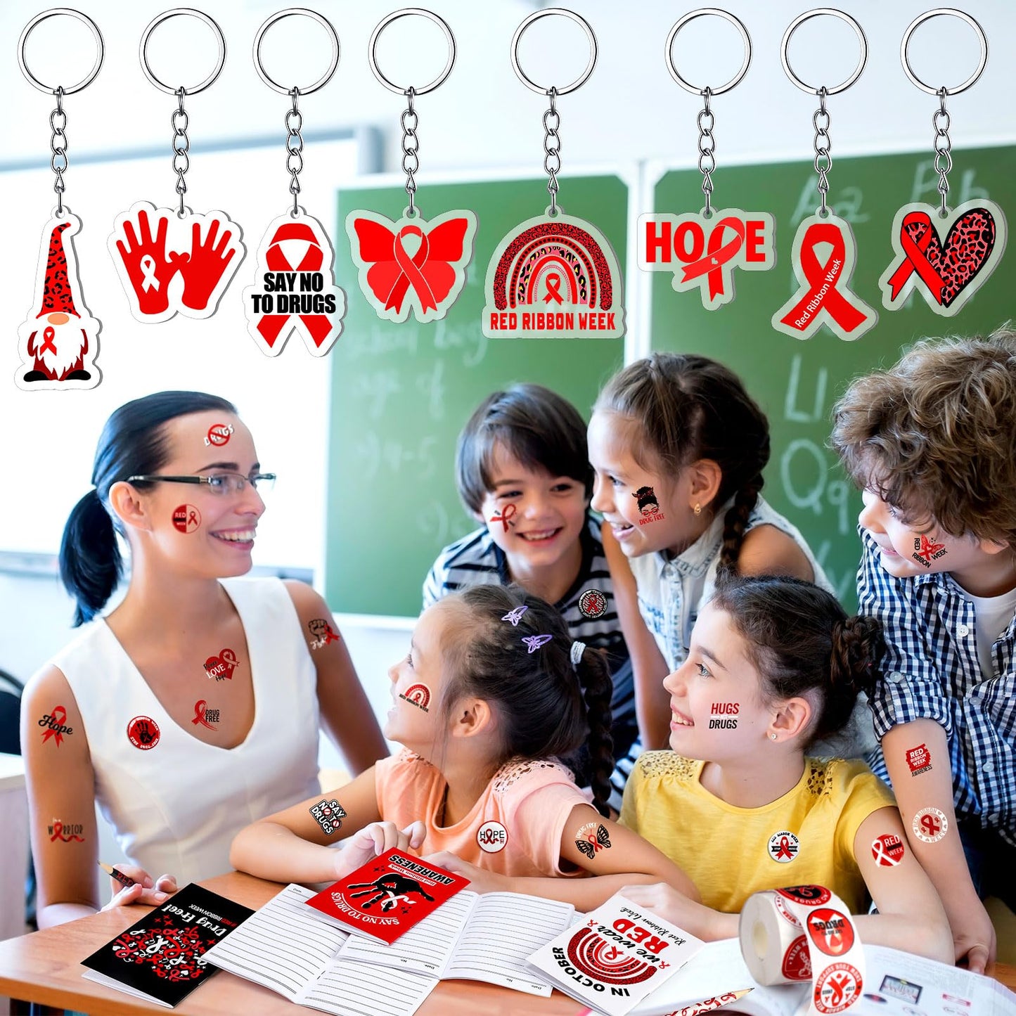 24 Sets Red Ribbon Week Supplies Bulk Include Red Ribbon Awareness Pin Notebook Bookmarks Drug Free Keychain Silicone Wristbands Pencils Stickers Tattoos for Student Teenage Say No to Drugs Event Gift