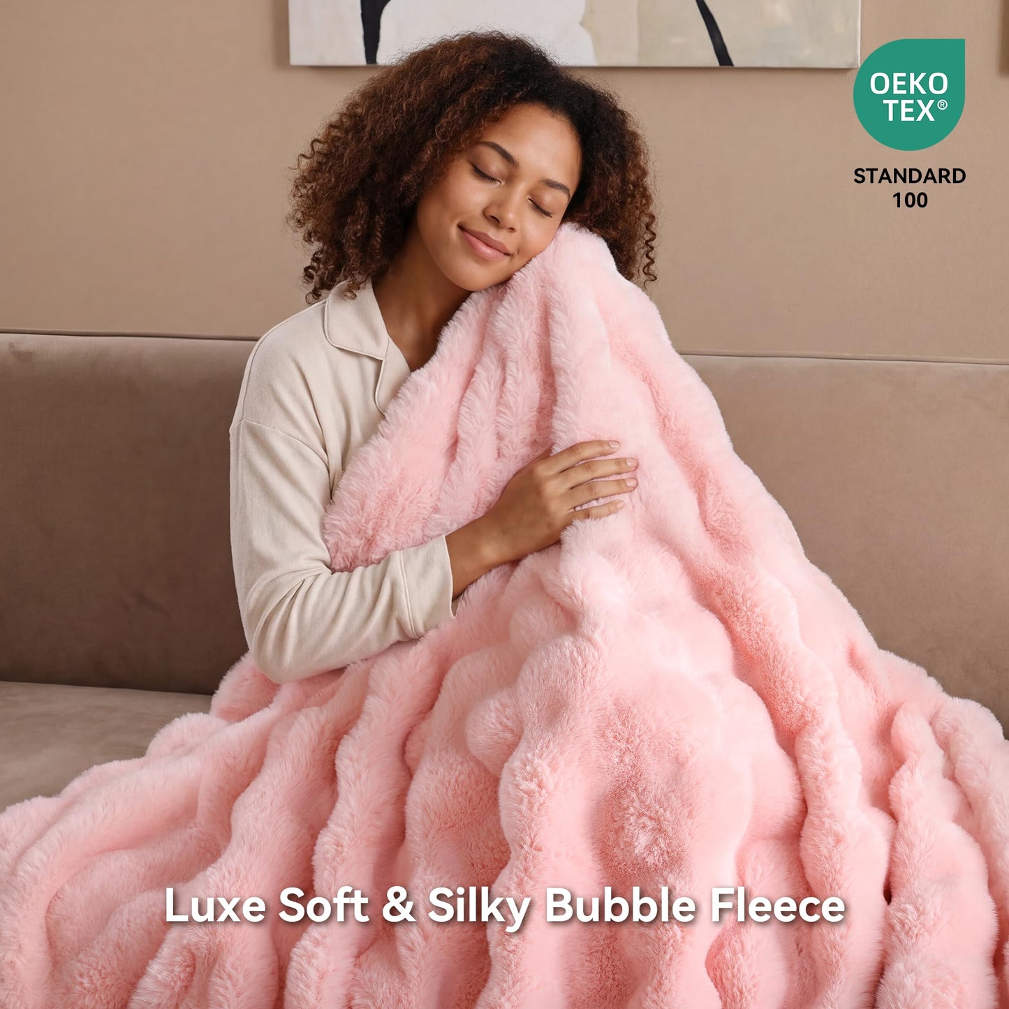 Smoofy Faux Fur Throw Blanket for Couch - Blush Pink Super Soft Cozy Bubble Blanket, Fluffy Plush Fuzzy Throw for Sofa & Bed, Thick Lightweight Warm Blanket, Luxury Aesthetic Gift for Women 60"x80"