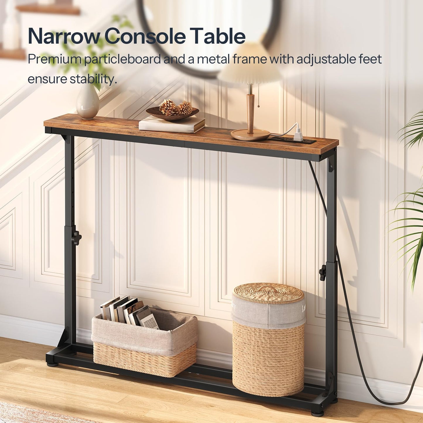 HOOBRO Narrow Console Table with Charging Station, Adjustable Height Sofa Table (25''-32.9''), Slim Behind Couch Table for Small Spaces, Entryway, Living Room, 39.4" Rustic Brown BF95UXG01