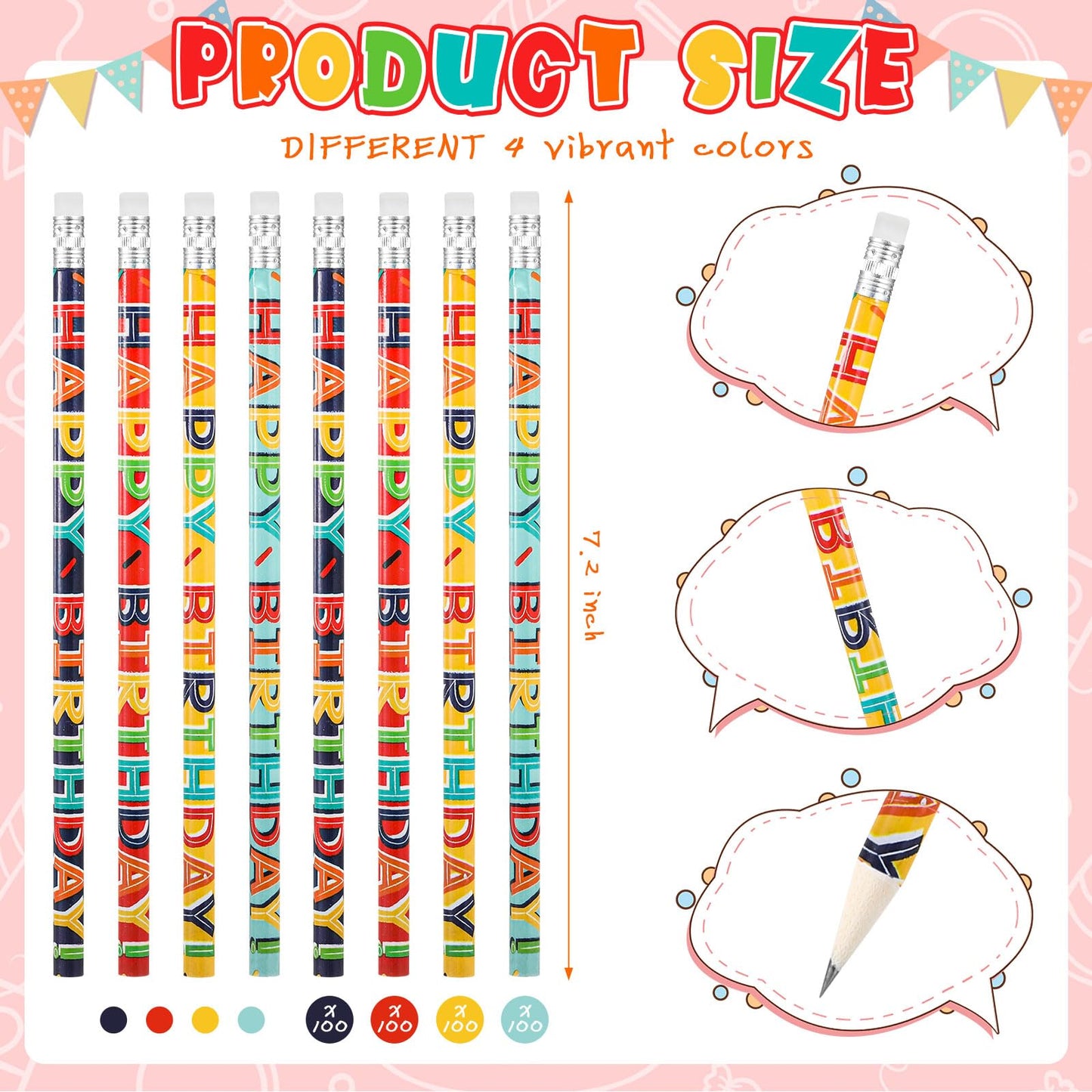 Kosiz 400 Pcs Happy Birthday Pencils for Students Colorful Printed Birthday Pencils Bulk with Top Erasers Wood Writing Instruments for Teachers Classroom Reward Party Kids Gifts Supplies