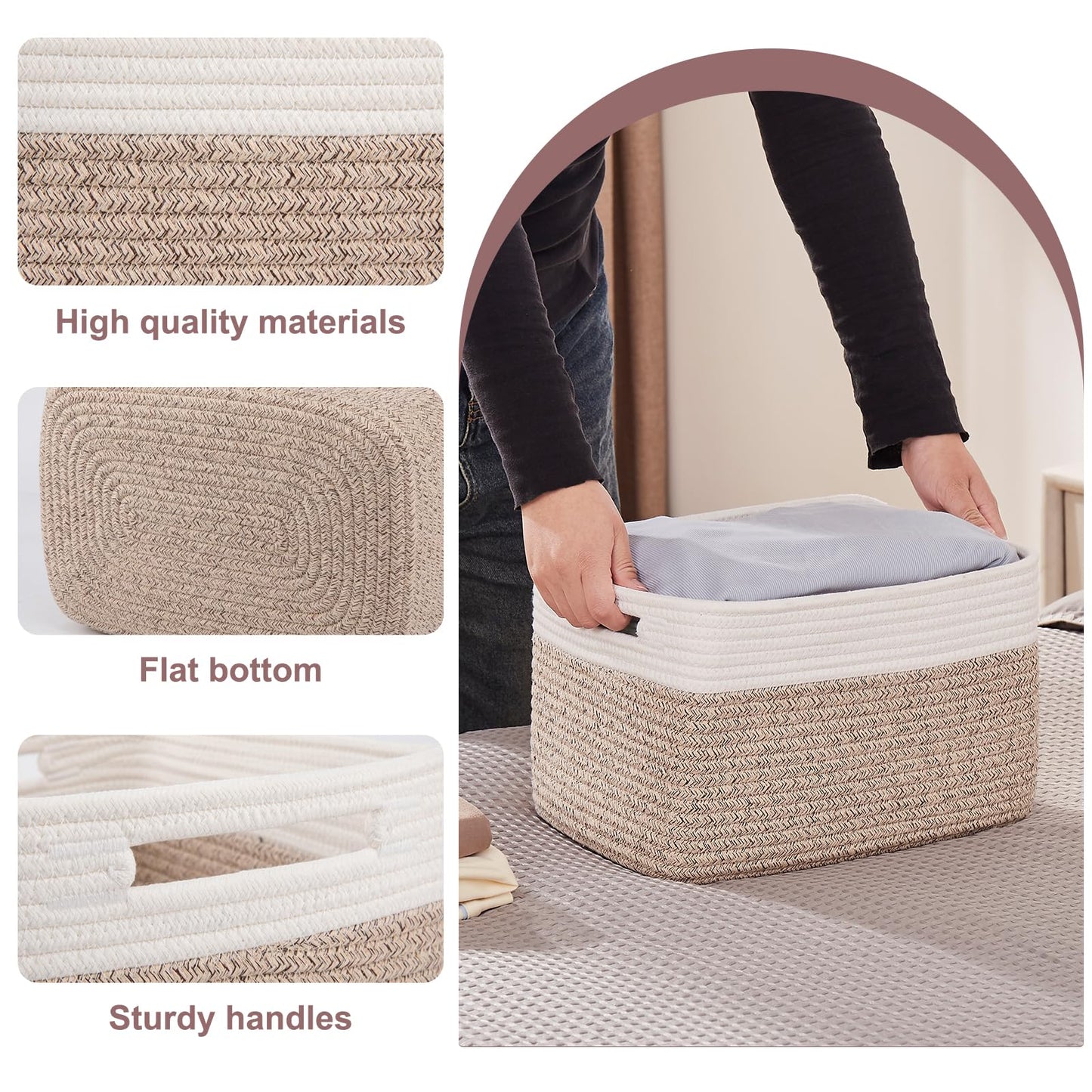OIAHOMY 4 Pack Storage Baskets for Organizing, Basket for Shelves with Handle, Woven Baskets for Storage Toys, Towels, Books, Cotton Rope Basket 13" L x 9 " W x 7.8 " H, Brown & White