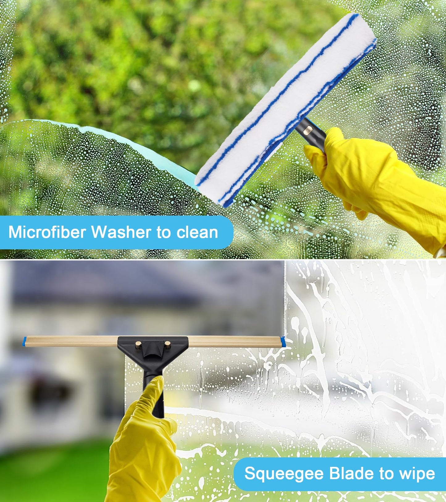 Professional Window Cleaning Kit with 50" Extension Pole, 8-in-1 Window Scrubber Squeegee Set, 14" Flexible Head, 3 Gallon Storage Bucket, Spray Bottle Microfiber Cloths for High Indoor/Outdoor Glass