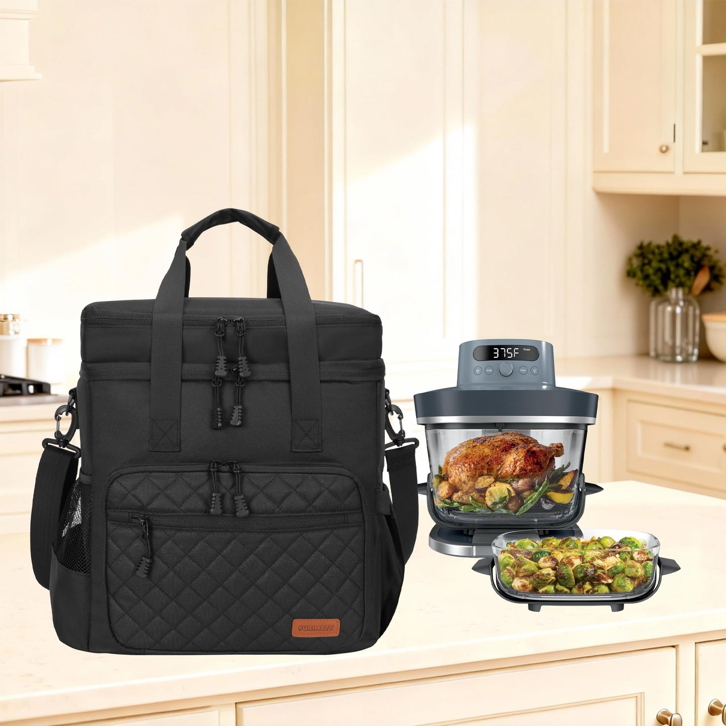 FURIMETY Air Fryer Carrying Bag Compatible with Ninja Crispi Pro 6-in-1 Glass Air Fryer, Double Layer Insulated Storage Bag for Ninja Crispi 6qt & 2.5qt Glass Containers, Quilted Black