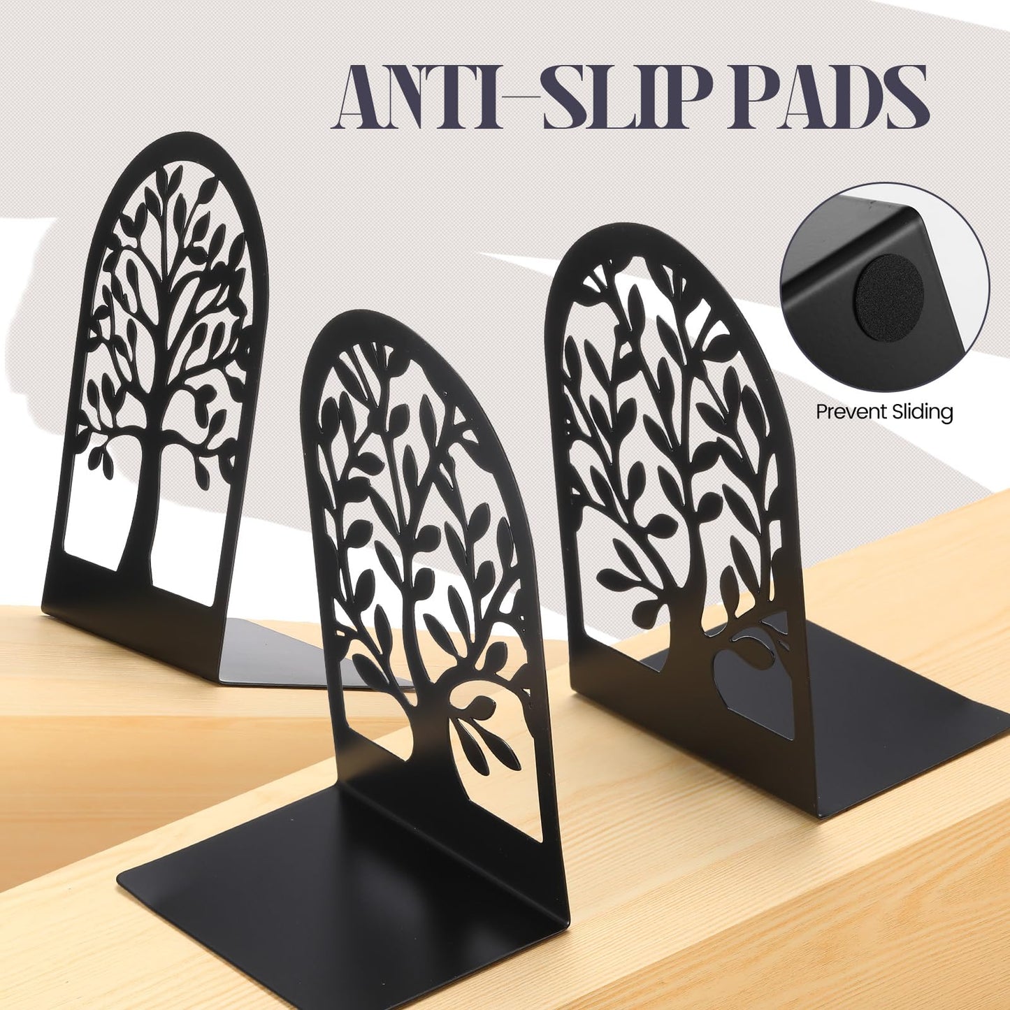 Feifeiya 6 Pairs Decorative Book Ends Metal Bookends for Shelves Black Metal Heavy Duty Book Ends Holder Supports Stoppers for Home Office School, 6.9x4.9x3.5”(Tree and Flower)