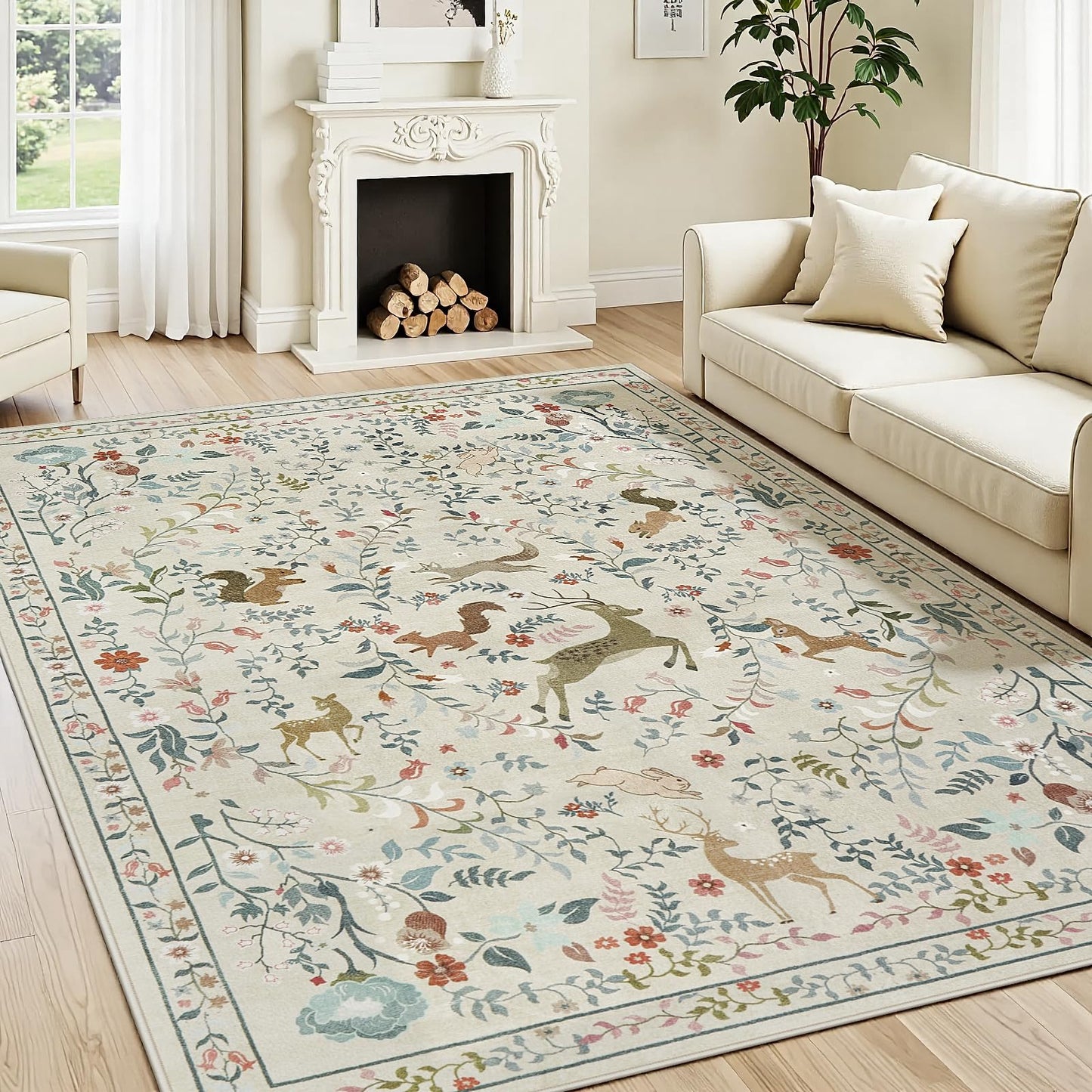 5x7 Area Rugs Washable Rug: Lagre Boho Living Room Rug Soft Non-Slip Thin Carpet Indoor Floor Non-Shedding Neutral Floral Carpets for Bedroom Dining Room Farmhouse Nursery Beige Animal