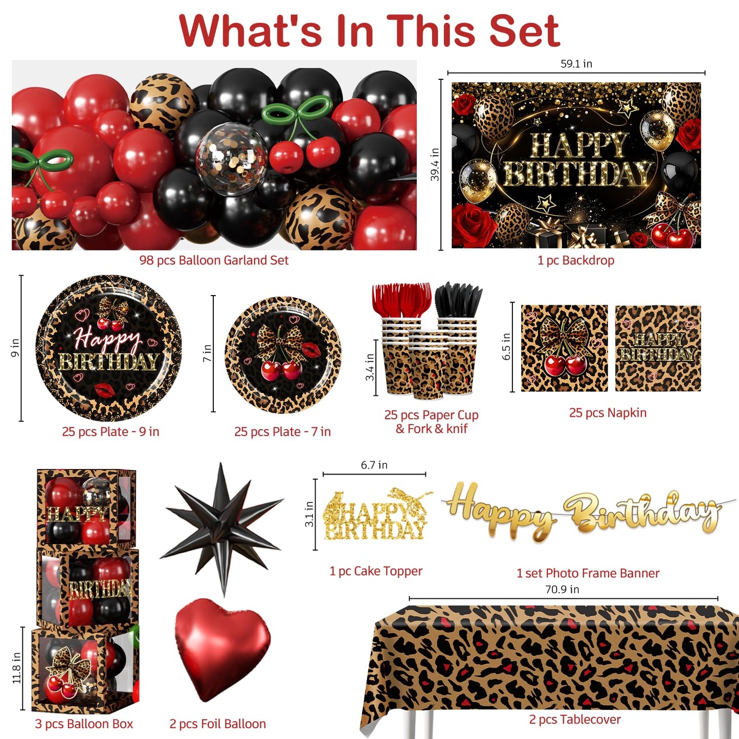 Cocomigo 258pcs Cheetah Print Birthday Decorations, One-stop Set for 25 People, Includes 350gsm Plates Pre‑threaded Banner Backdrop and Tablecloths, Cheetah and Cherry Birthday Decorations for Female