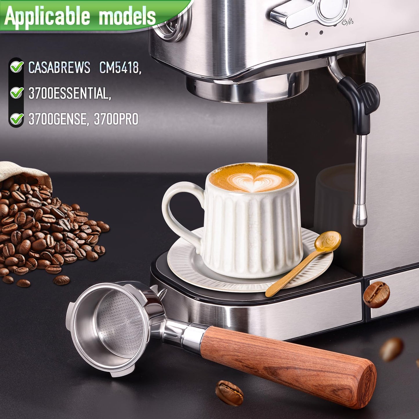 51mm Portafilter for CASABREWS 3700/CM5418, Dual Spout Espresso Handle with Siam Rosewood Grip & 304 Stainless Steel Basket