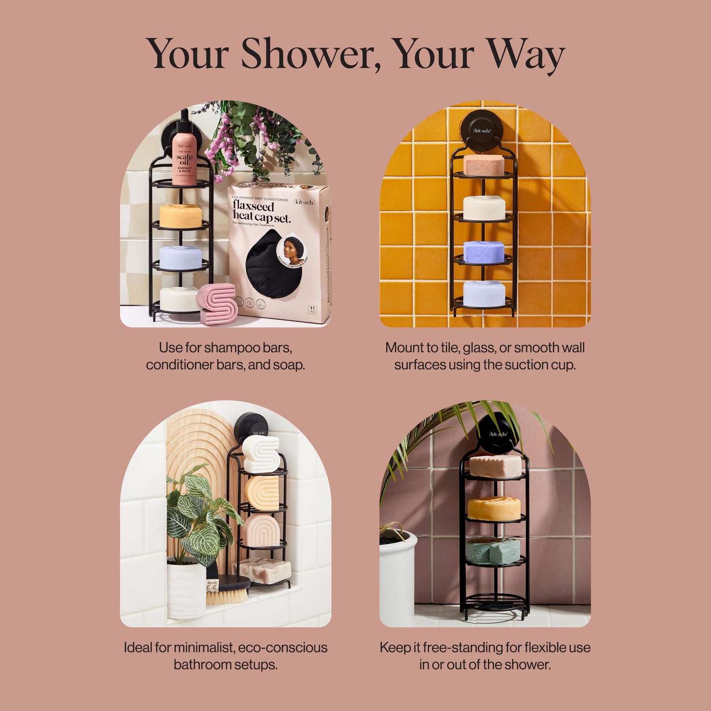 Kitsch Shower Caddy Hanging with Suction Cup – Self-Draining Shampoo Bar Holder & Shower Shelves for Conditioner Bars & Soap – Rust Proof Bathroom Caddy, and Wall Mount or Free-Standing Organizer