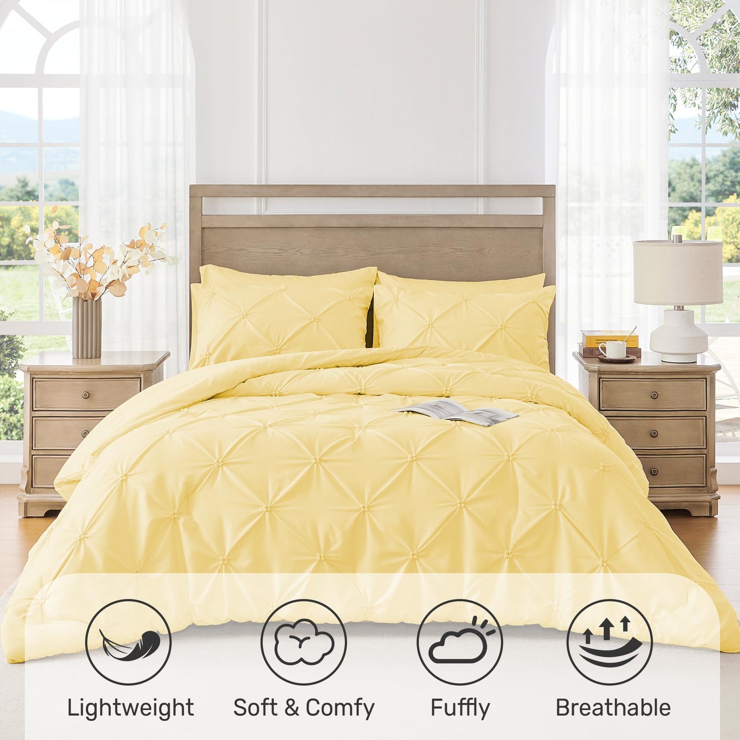 UNIKOME Queen Comforter Set Yellow - Ultra Soft Boho Pintuck Down Alternative Bedding Set for All Seasons, 3 Pieces Lightweight Warm Pinch Pleat Bed Set with Comforter, 2 Pillowcases