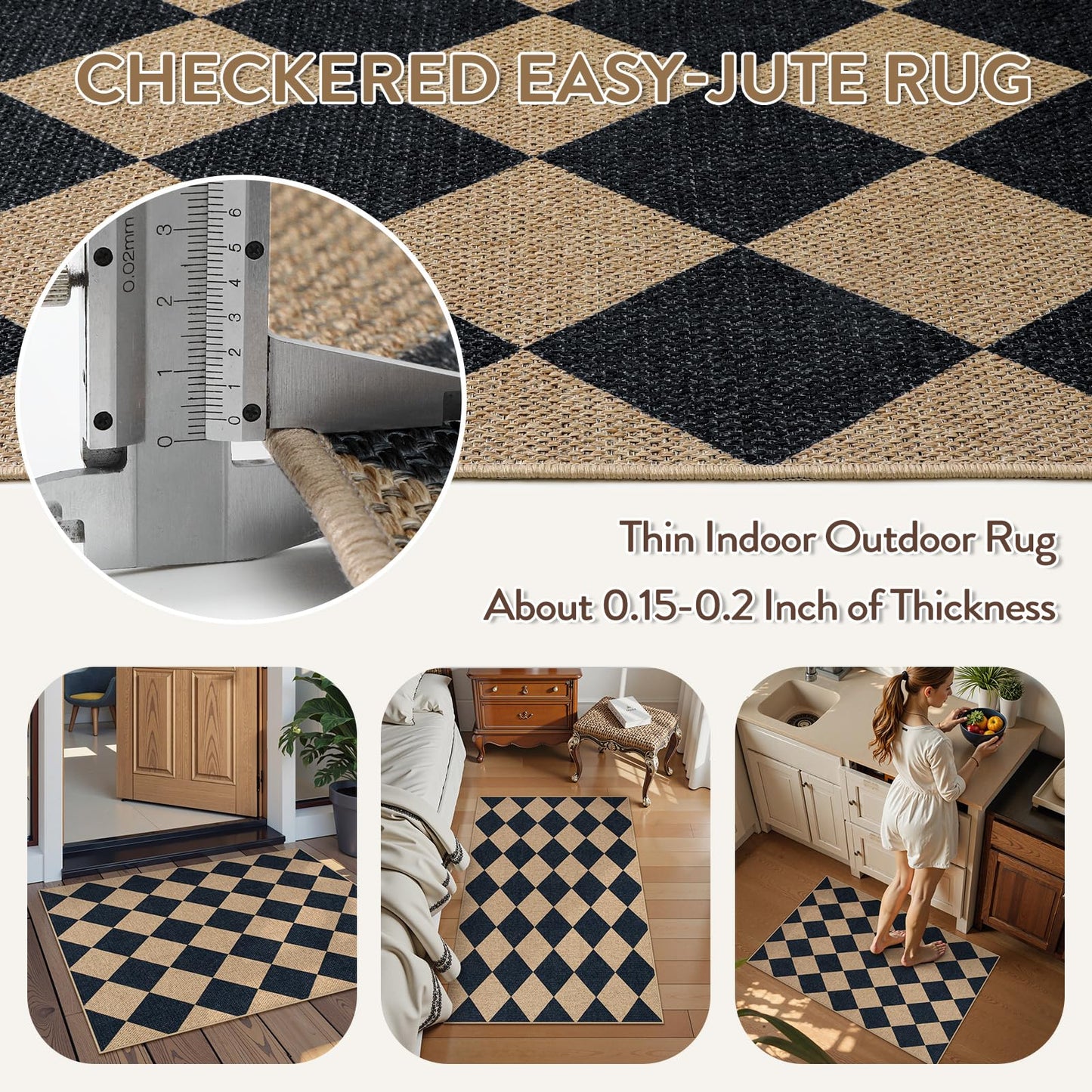 Lahome Colette Checkered Easy Jute Kitchen Rug, 2x3 Front Door Mat Non Slip Washable Neutral Area Rug, Farmhouse Diamond Non Shedding Low Pile Floor Carpet for Entryway Porch Doorway