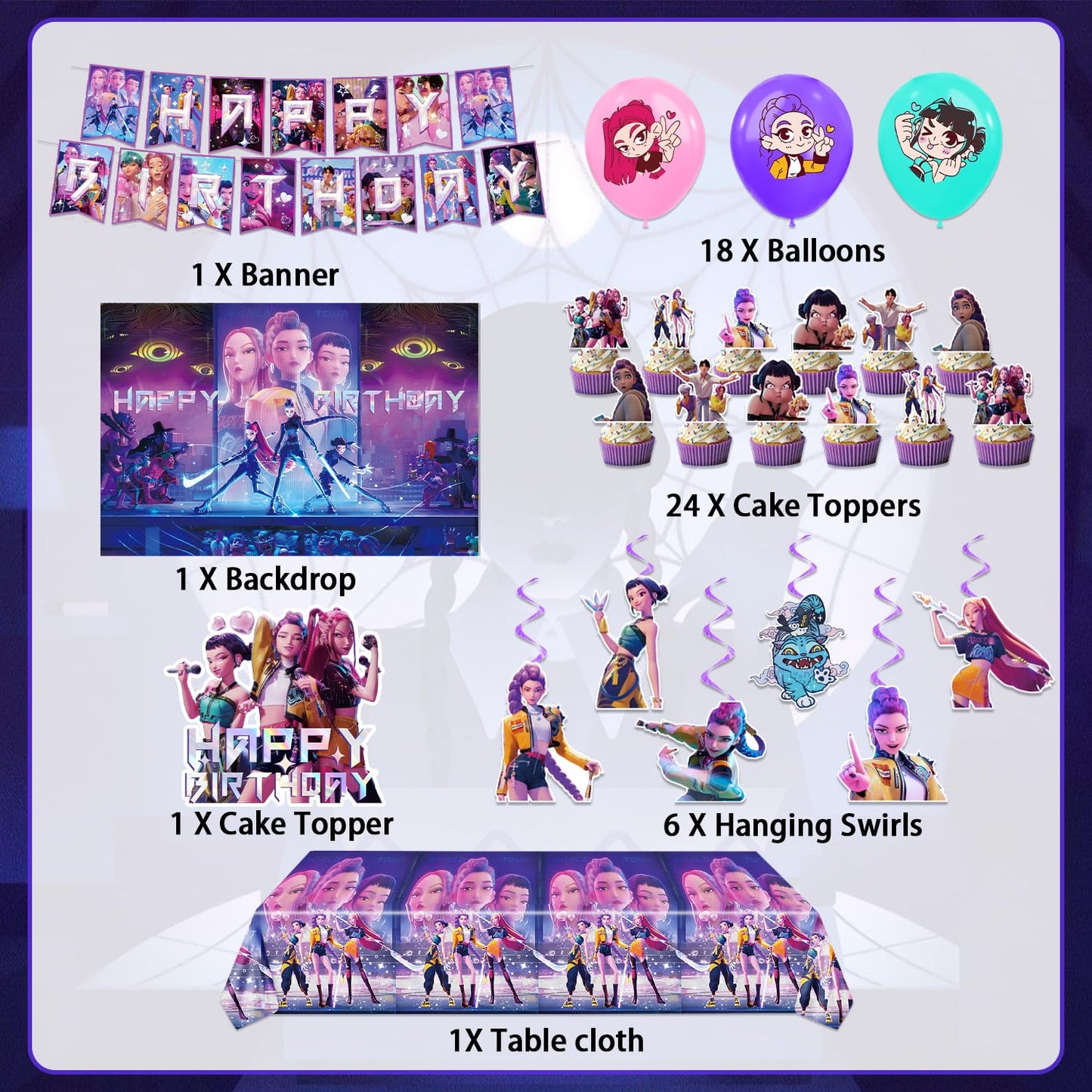 AIXPROBEAD Demon Hunters Birthday Decorations, Party Supplies Set Include Banner, Backdrop, Balloons, Hanging Swirls, Cake Cupcake Toppers, Tablecloth for Boys Girls Kpop Theme Party
