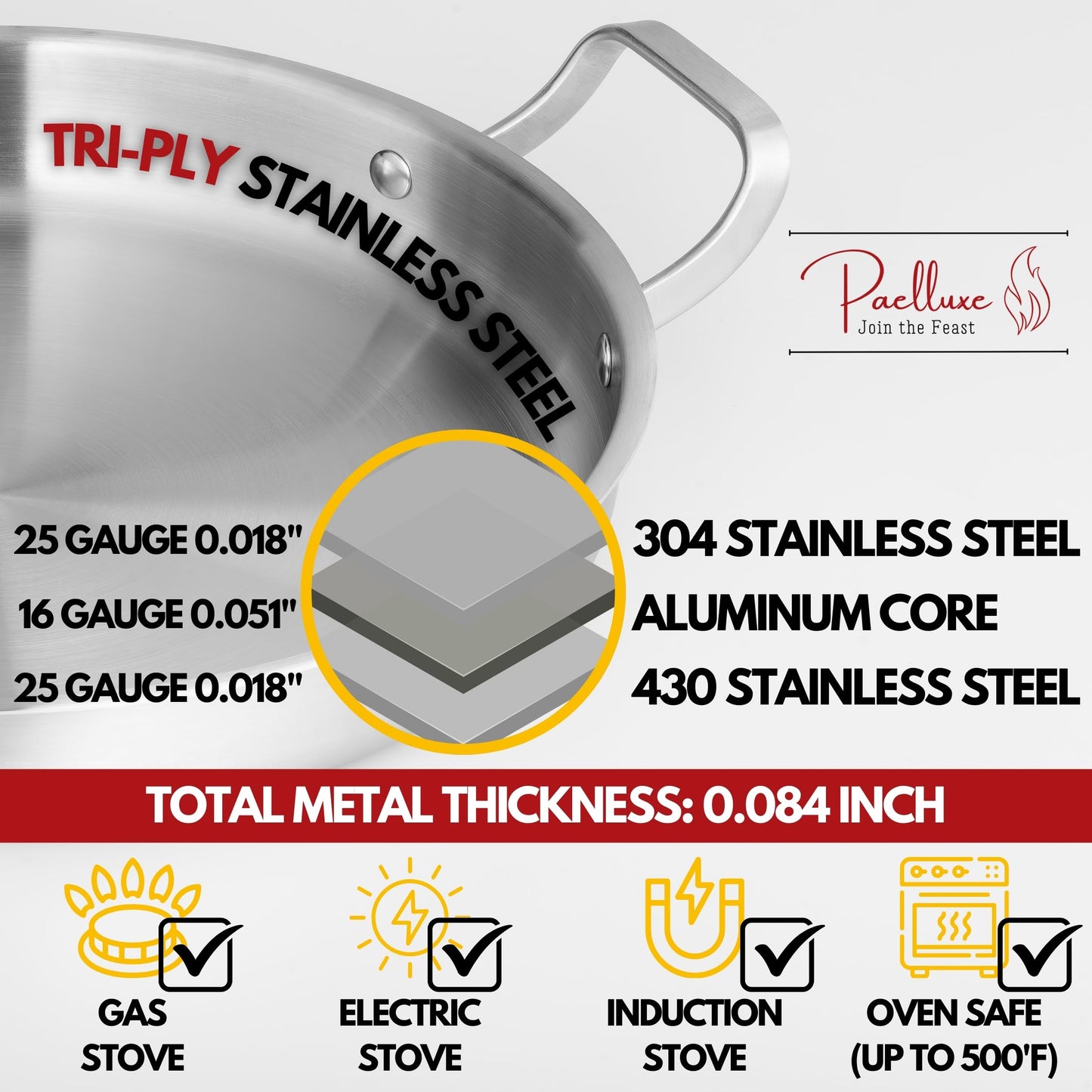 Paelluxe 13 Inch Tri-Ply Stainless Steel Paella Pan with Lid for 6 Servings - Includes Hot Handle Holders - Induction, Oven and Dishwasher Safe Skillet, Indoor Outdoor Cooking Cacerola Paellera Sarten