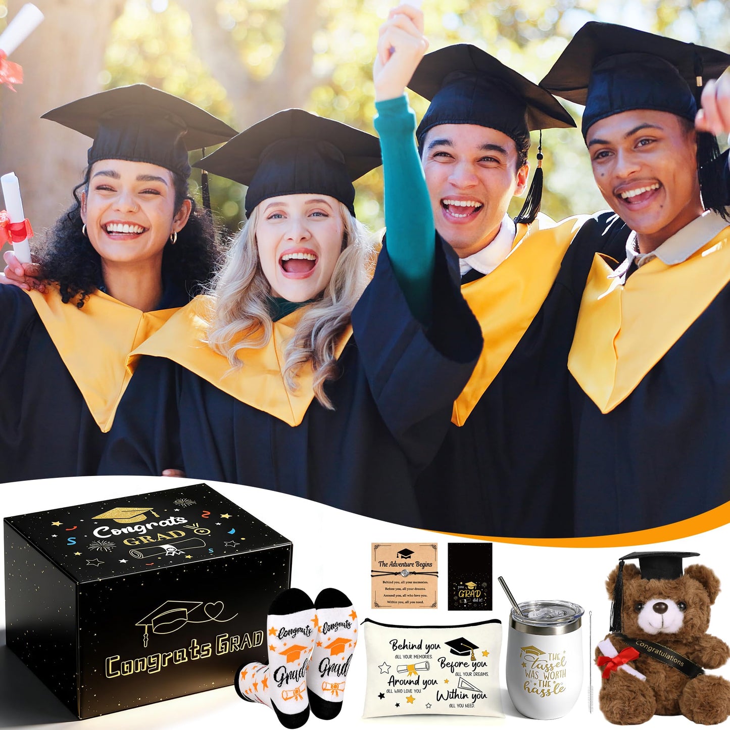U-Zomir Graduation Gifts for Her, College & High School Graduation Gifts for Women with Plush Bear Bracelet Socks Greeting Card and Tumbler, Class of 2026 Graduates Gifts Box Set