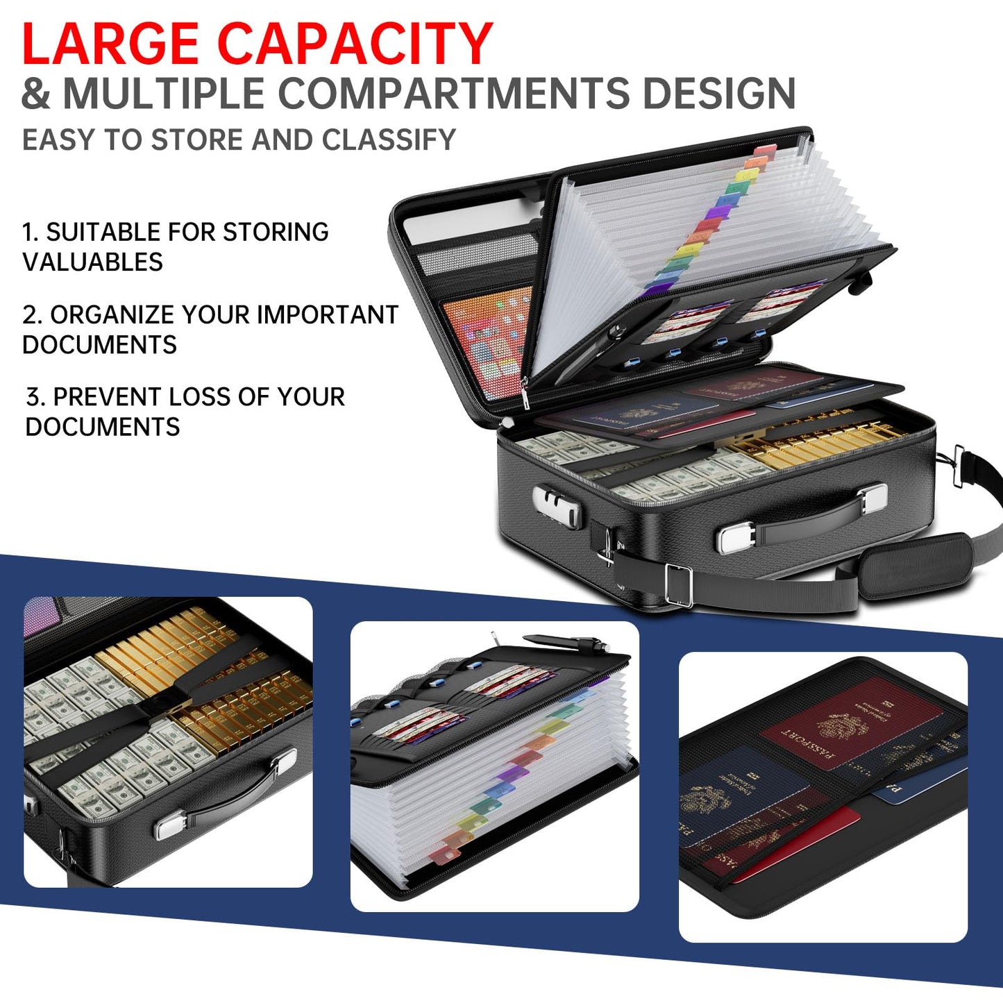 Tamfile Fireproof Document Box, Hard Case 5200°F Fireproof Water Safe File Box with Lock, 8-Layer Fireproof Safe File Organizer for Important Documents, Valuables, Laptop, Passports (Black)