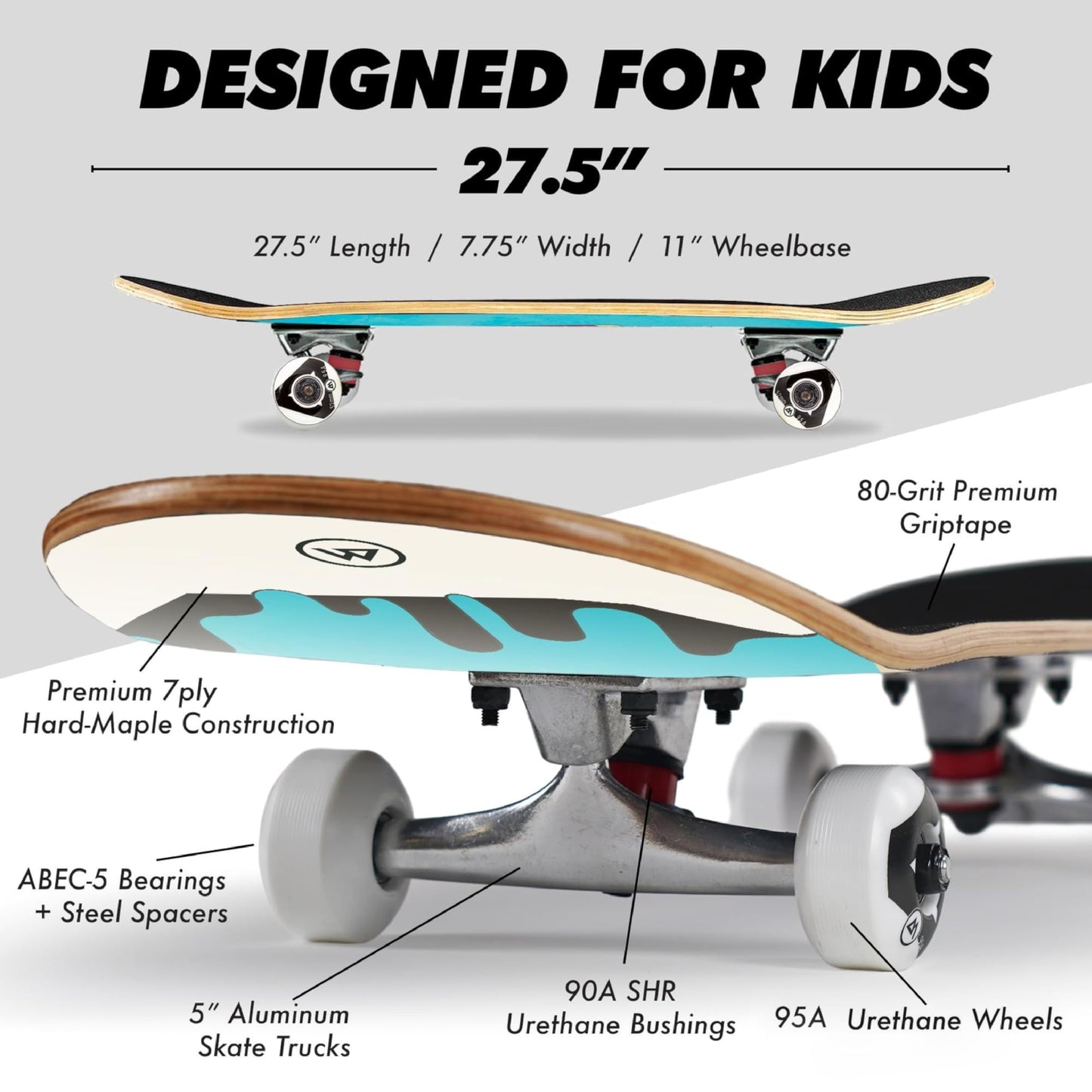 Magneto Kids Complete Skateboard for Girls - 27.5" x 7.75", Ice Cream Maple Deck - Double Kick Concave & 80-Grit Grip Tape, 51mm 95A Wheels & ABEC-5 Bearings, 5" Aluminum Trucks - Beginner Skateboard