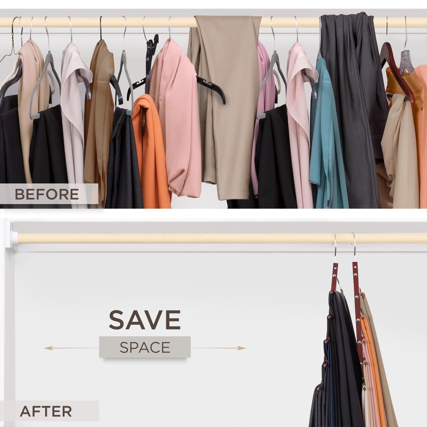 MORALVE Pants Hangers Space Saving - 4 Pack European Beechwood Scarf and Jean Hangers - Closet Organizer and Space Saver Pant Rack, Leggings Hanger, and Scarf Holder with 360° Swivel Hook