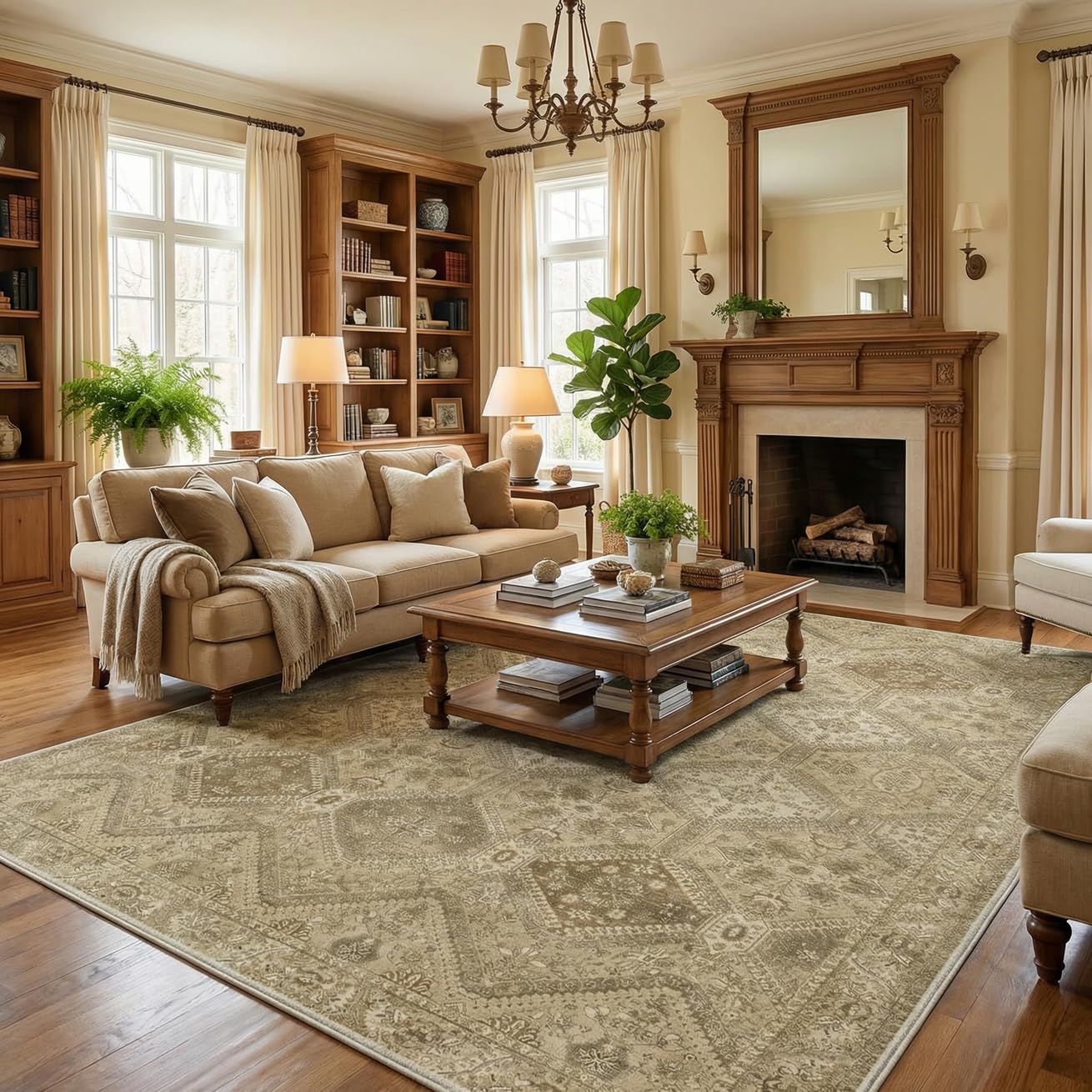 GENIMO 8x10 Area Rugs for Living Room, Machine Washable Non Slip Vintage Rugs, Low Pile Lightweight Print Rug for Bedroom, Dining Room, Home Office, Tan Brown