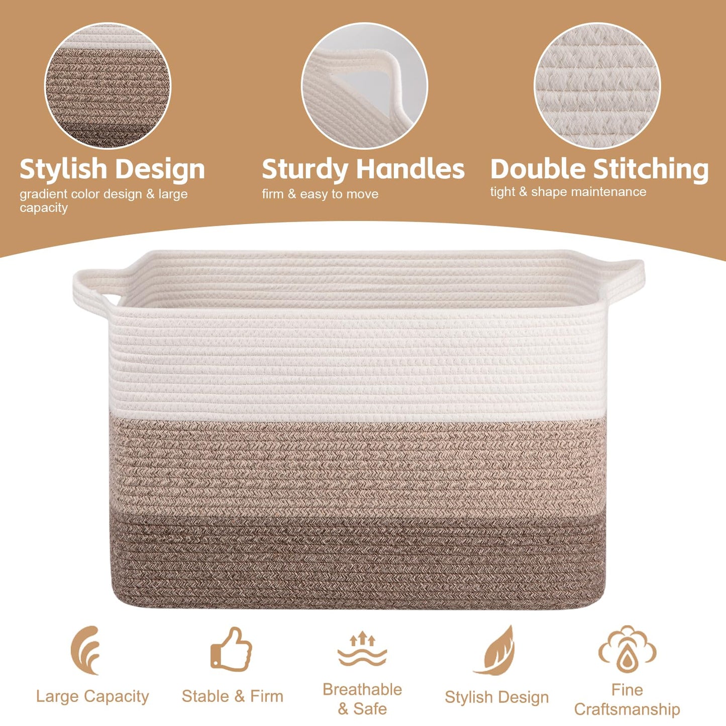 OIAHOMY Extra Large Blanket Basket, 110L Cotton Rope Woven Laundry Basket, Toy Bin for Baby Room, Container for Blanket Storage in Living Room, 24.8''×17.3''×15.8'', Gradient Brown