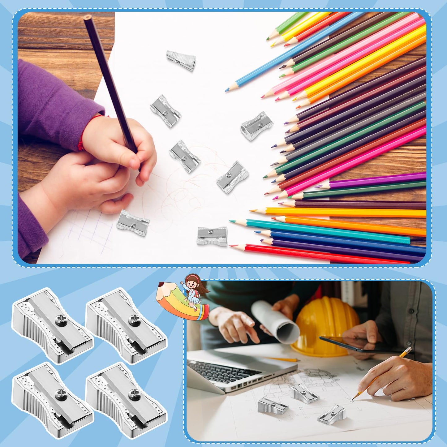 Tenceur 300 Pcs Metal Pencil Sharpeners Bulk Operation Christmas Items Single Hole Handheld Mini Aluminum Pencil Sharpener Alloy Manual Sharpener Bulk for School Office Stationery Classroom Supplies