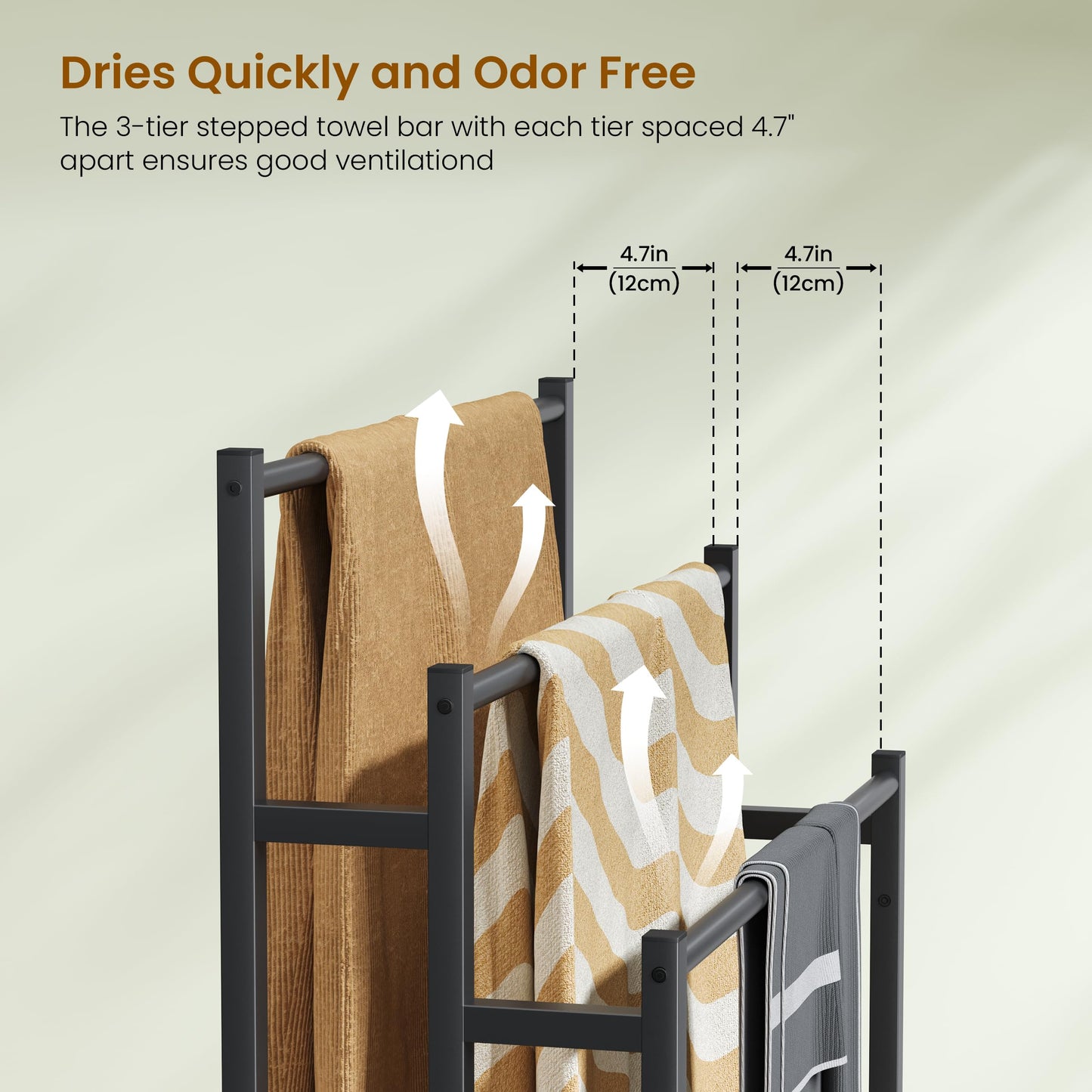 46" Extra Large Freestanding Towel Rack Stand for Bathroom, 3 Tier Blanket Ladder Holder, Outdoor Bath Towel Drying Rack with Shelf, Next to Tub or Shower, Quilt Rack, Rustic Brown and Black
