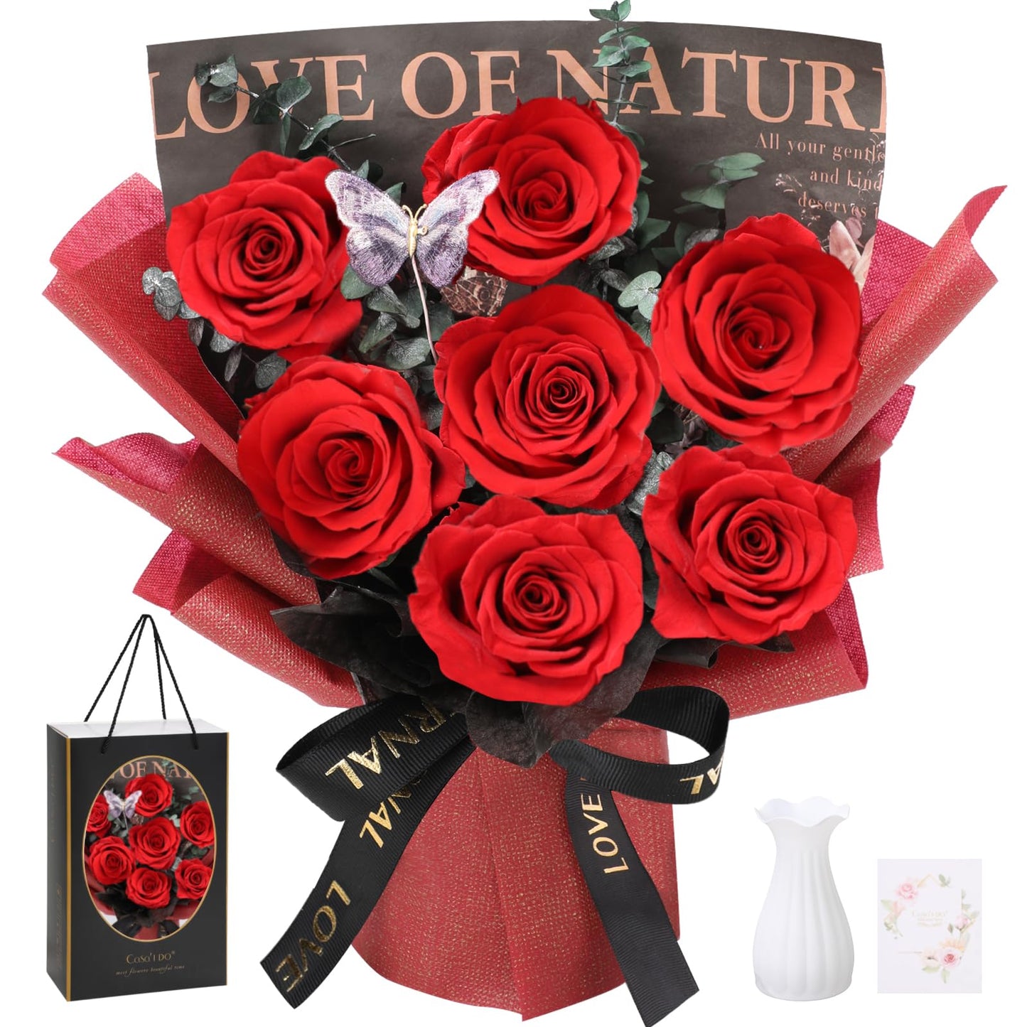 Casaido Preserved Flowers for Delivery, 7 Red Roses Bouquet, Mothers Day Rose Gifts for Women, Valentines Rose Gifts for Mom Wife Girlfriend, Forever Real Flowers for Christmas Birthday Anniversary