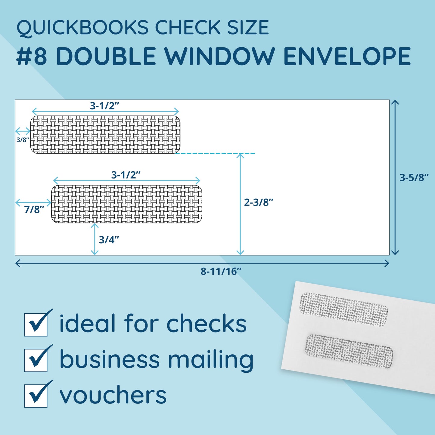 500 No. 8 Flip and Seal Double Window Security Check Envelopes - Designed for Quickbooks Printed Checks - Number 8 Size 3 5/8 Inch x 8 11/16 Inch