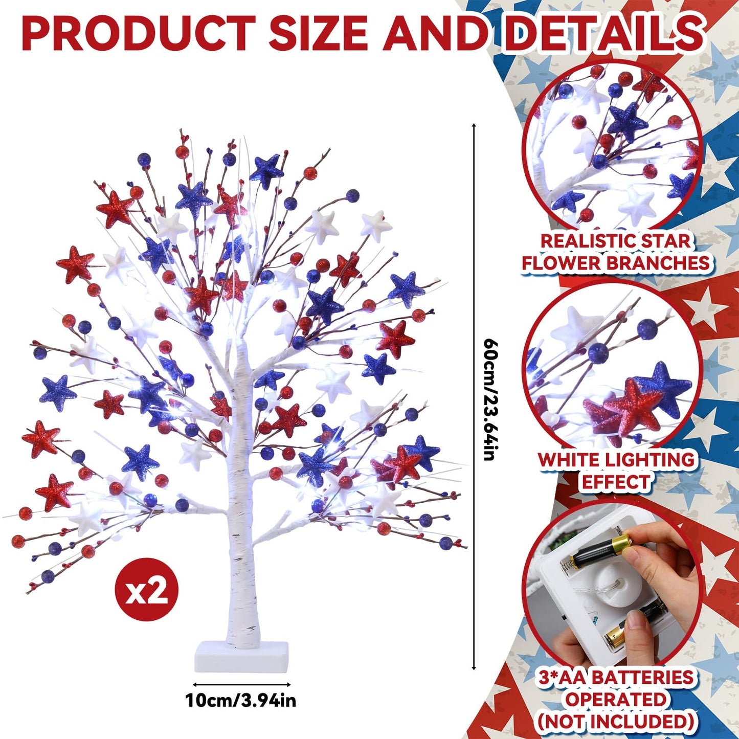 Baquler 2 Pcs 4th of July Decoration Lighted Patriotic Birch Trees with Red White Blue Star LED Battery Operated Artificial Tabletop Tree 24 Inch Memory Day Centerpieces for Home Indoor Table