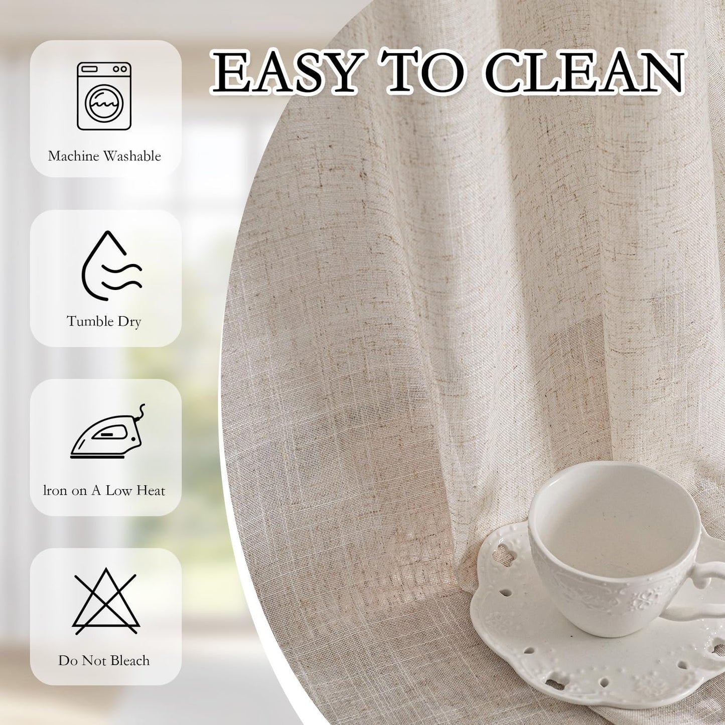 MYSKY HOME Natural Linen Curtains for Living Room, Semi Sheer Curtains & Drapes 84 inches Length 2 Panels Set Farmhouse Country Style Back Tab Draperies for Sliding Glass Door, 50" Wide, Linen
